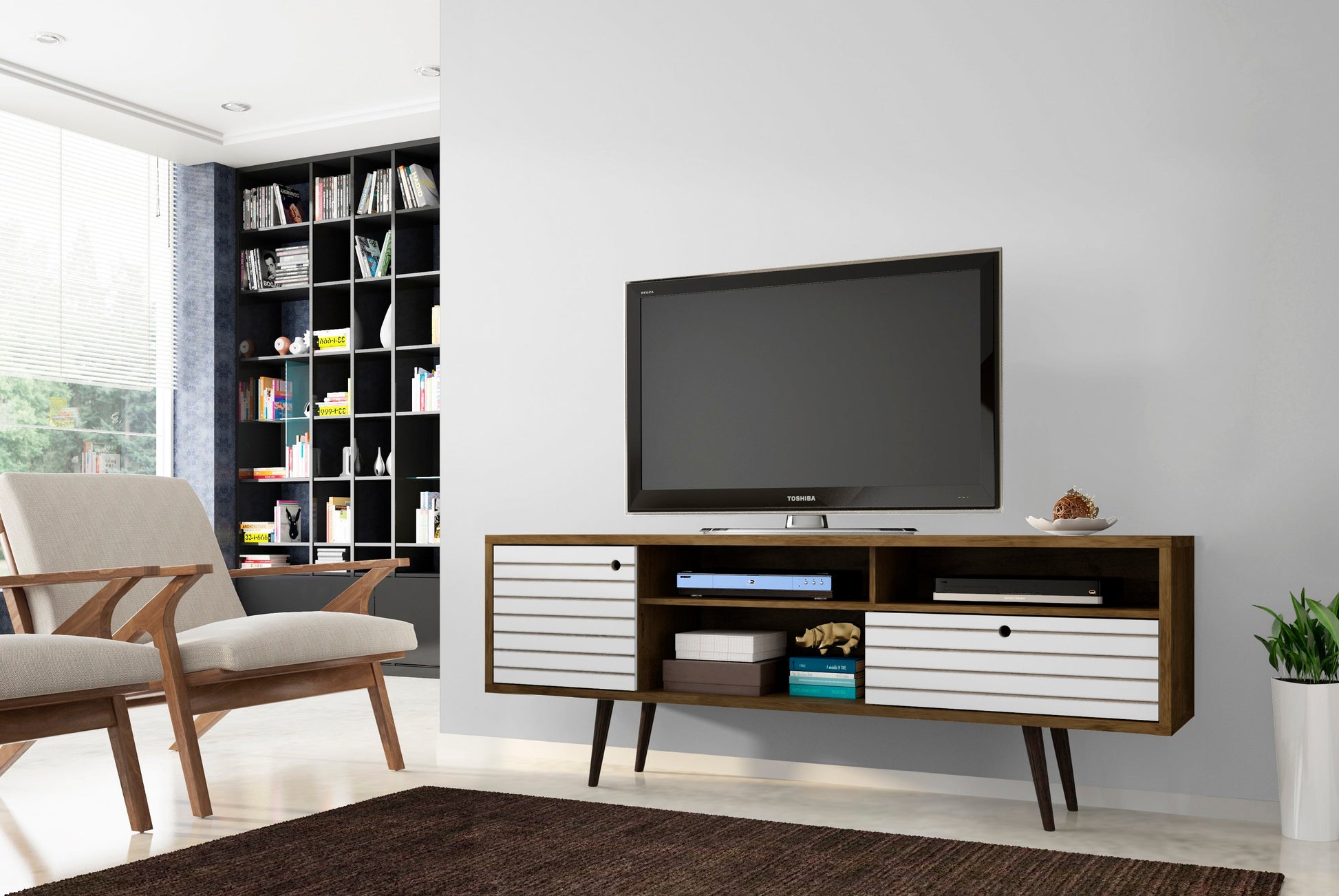 Liberty 70.86" Mid-Century Modern TV Stand in Rustic Brown and White - Ornate Home