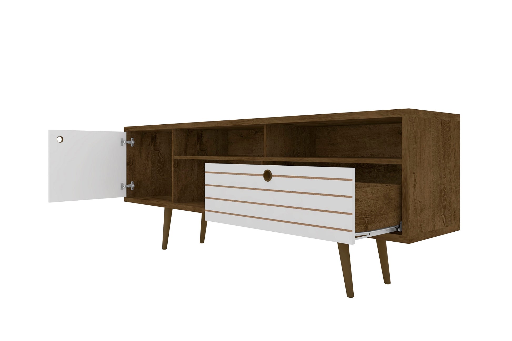 Liberty 70.86" Mid-Century Modern TV Stand in Rustic Brown and White - Ornate Home
