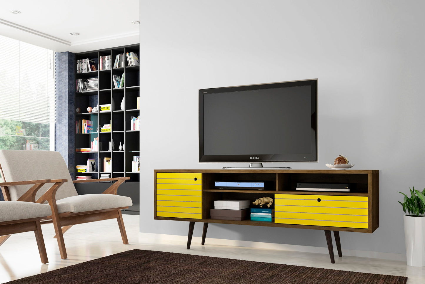 Liberty 70.86" Mid-Century Modern TV Stand in Rustic Brown and Yellow - Ornate Home