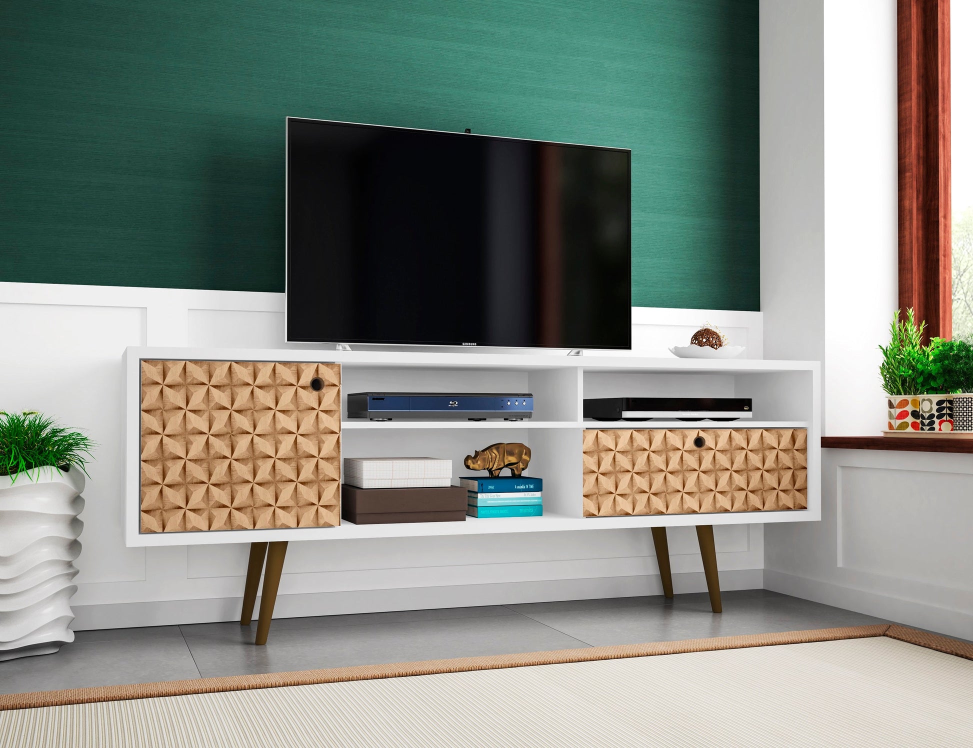 Liberty 70.86" Mid-Century Modern TV Stand in White and 3D Brown Prints - Ornate Home