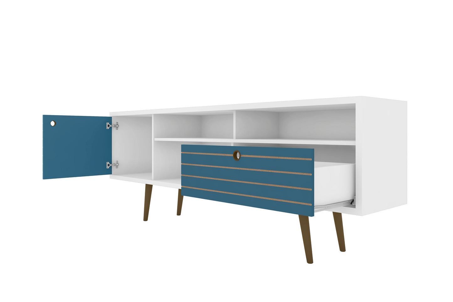Liberty 70.86" Mid-Century Modern TV Stand in White and Aqua Blue - Ornate Home