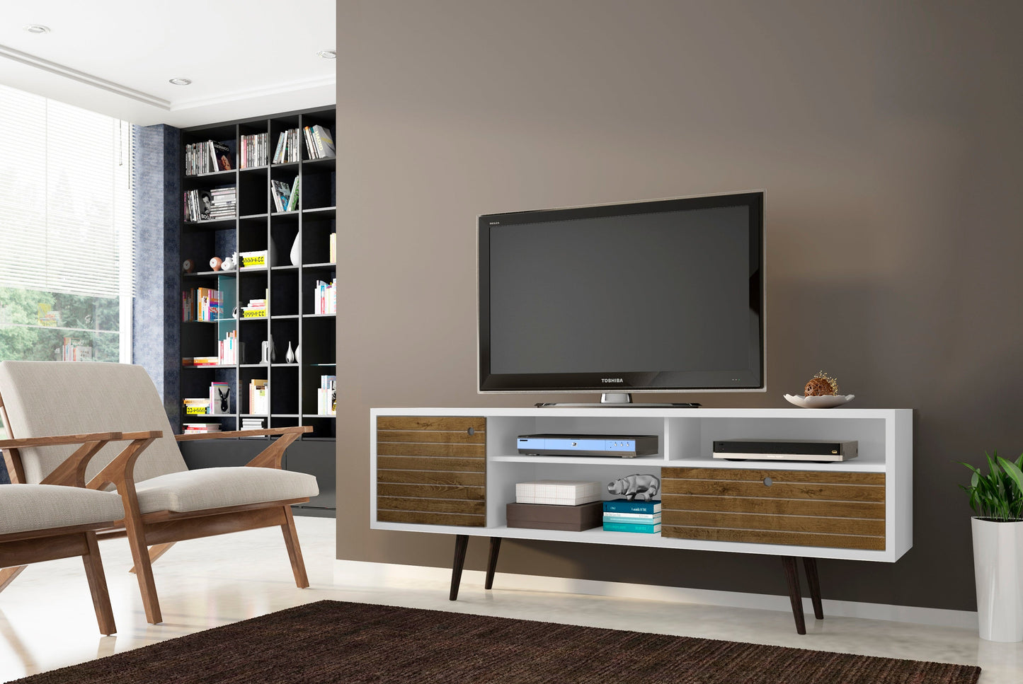 Liberty 70.86" Mid-Century Modern TV Stand in White and Rustic Brown - Ornate Home