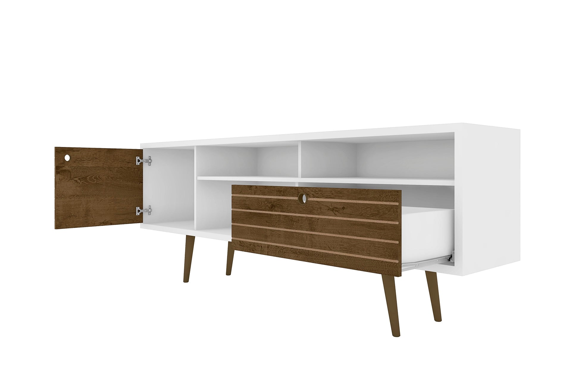 Liberty 70.86" Mid-Century Modern TV Stand in White and Rustic Brown - Ornate Home