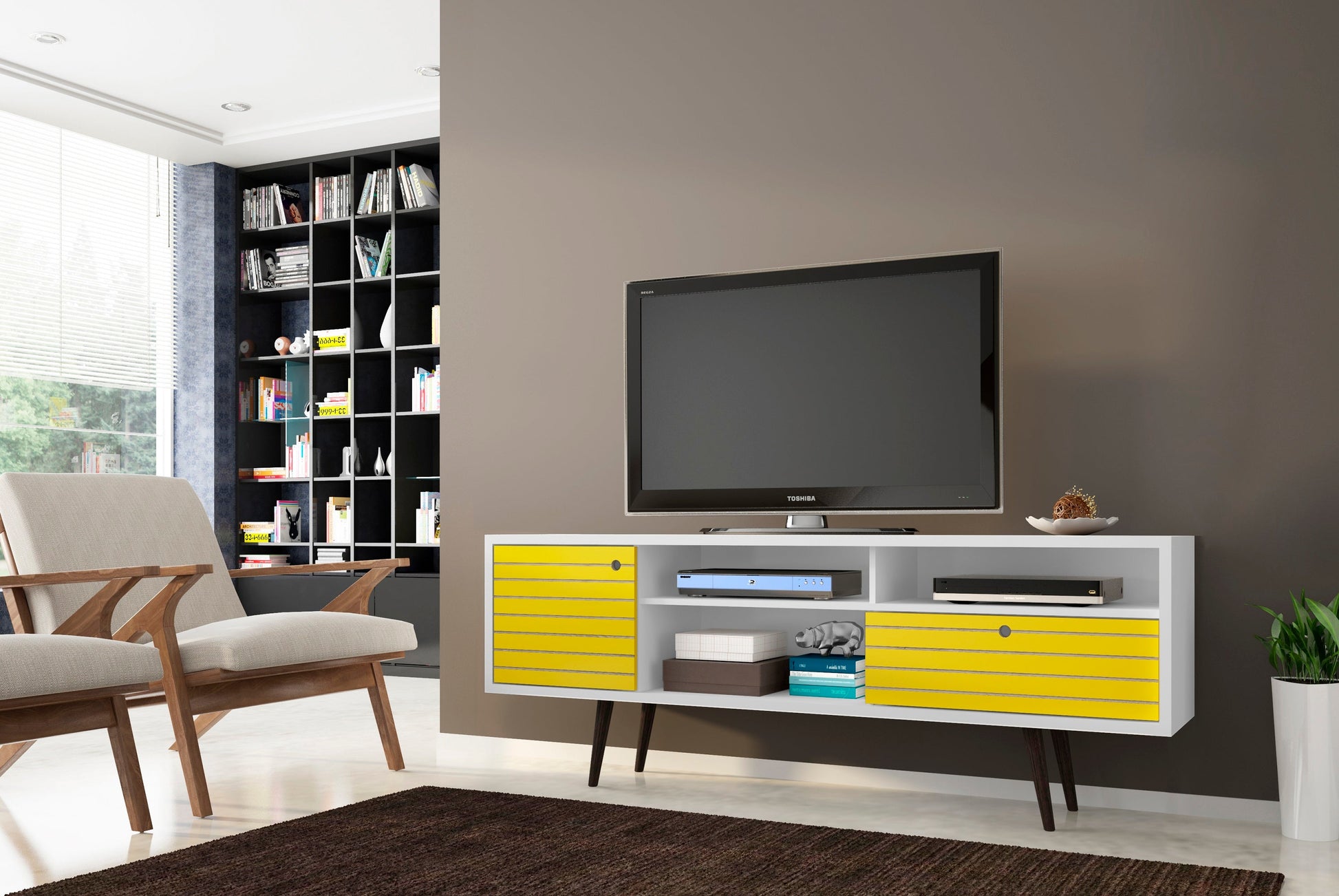 Liberty 70.86" Mid-Century Modern TV Stand in White and Yellow - Ornate Home