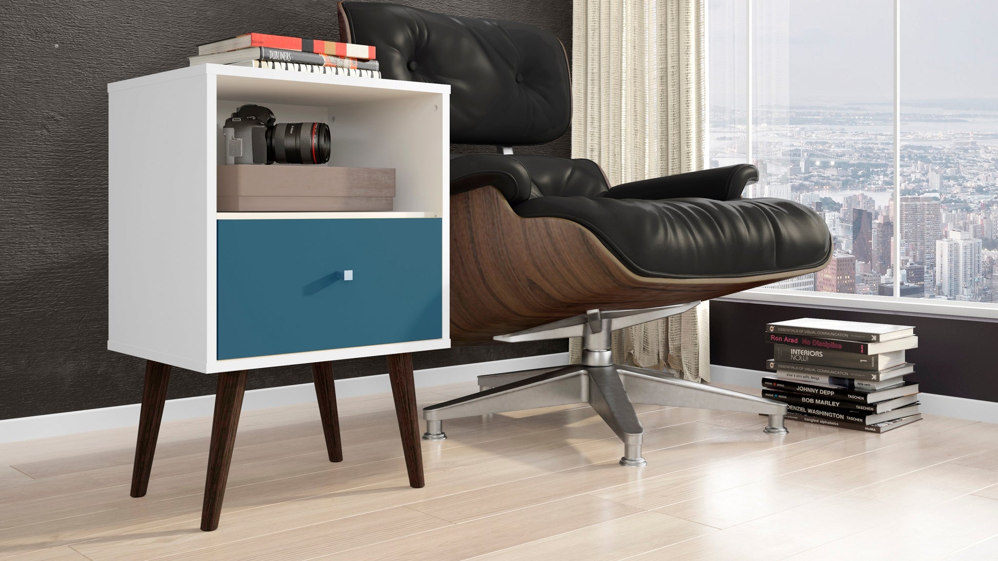 Liberty Mid-Century Modern Nightstand 1.0 in White and Aqua Blue - Ornate Home