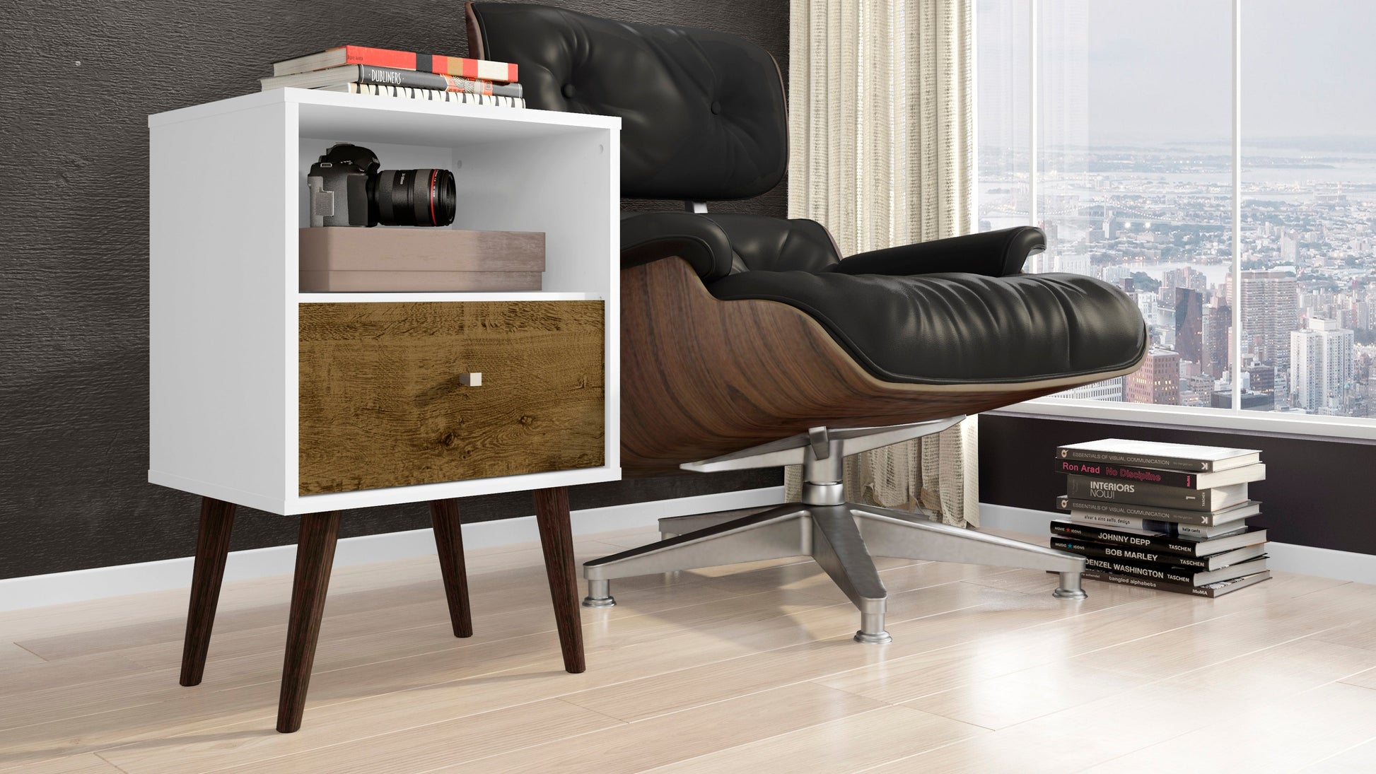Liberty Mid-Century Modern Nightstand 1.0 in White and Rustic Brown - Ornate Home