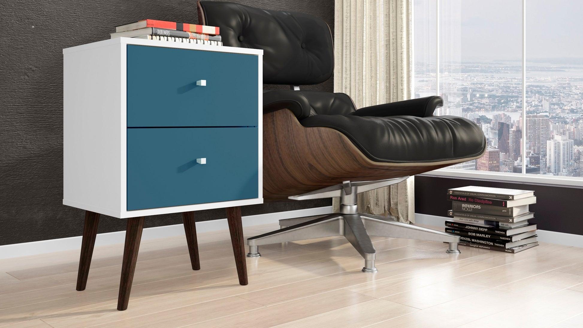 Liberty Mid-Century Modern Nightstand 2.0 in White and Aqua Blue - Ornate Home