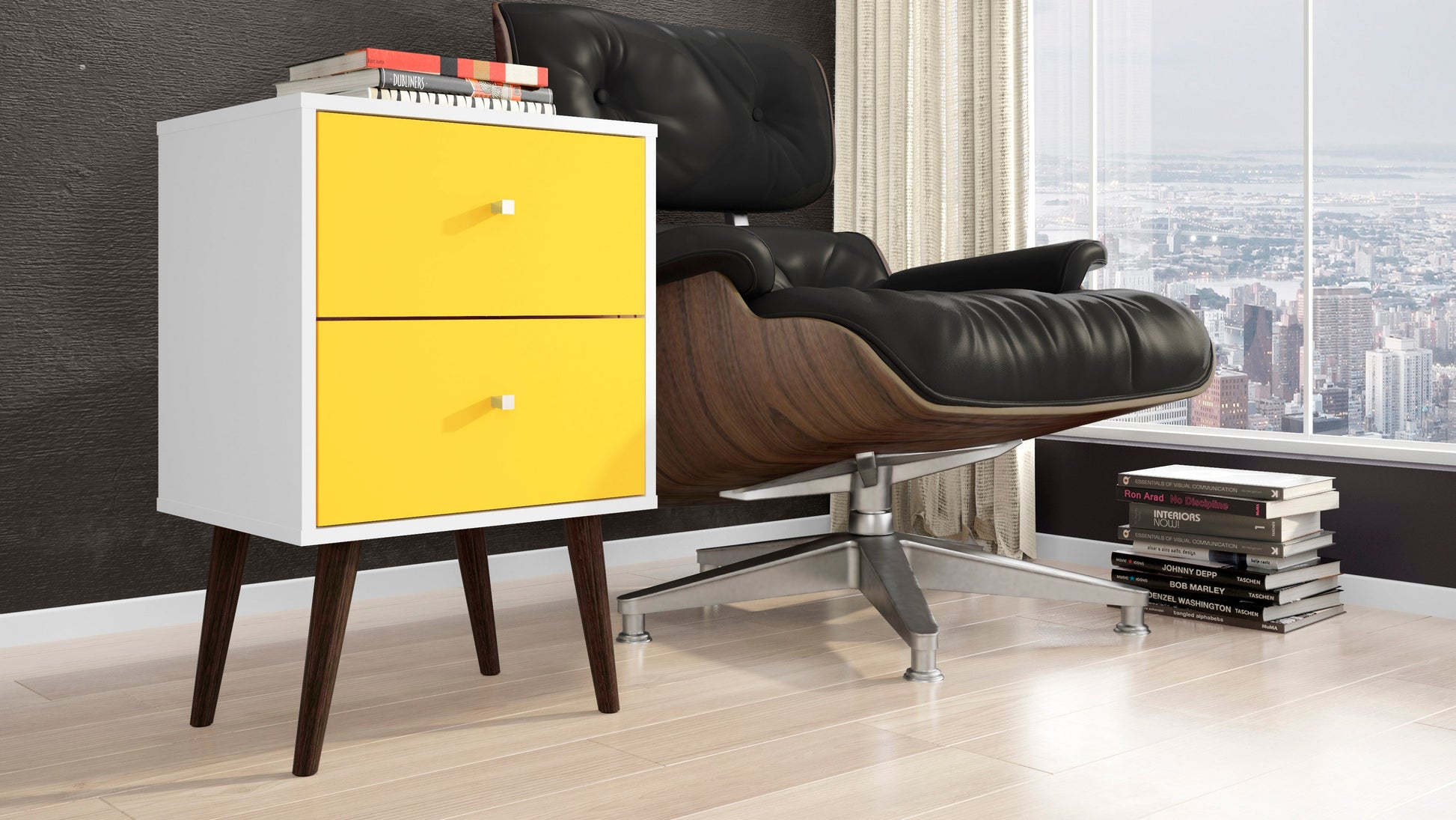 Liberty Mid-Century Modern Nightstand 2.0 in White and Yellow - Ornate Home