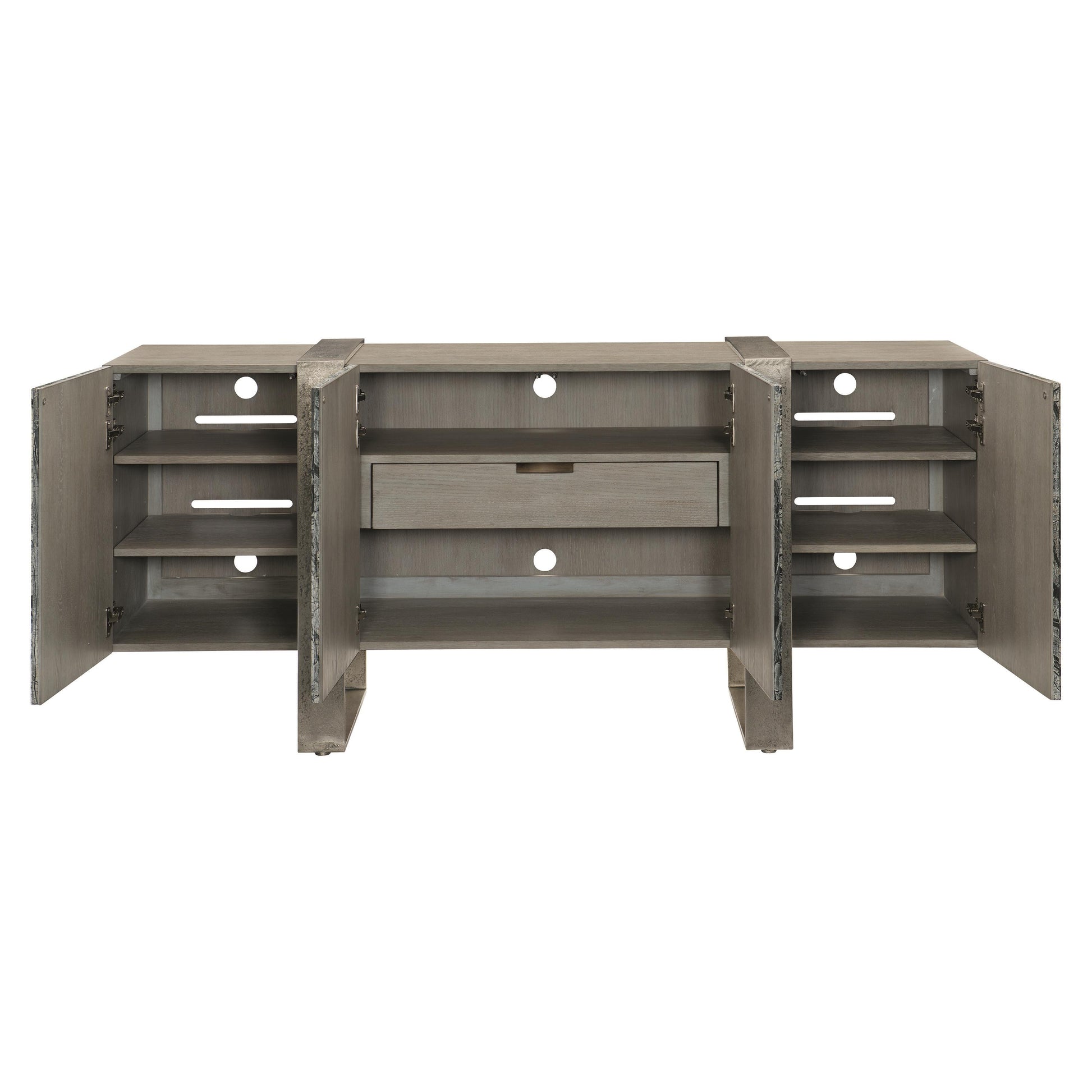 Linea Textured Graphite/Black Forest Marble/Cerused Greige Entertainment Credenza - Ornate Home