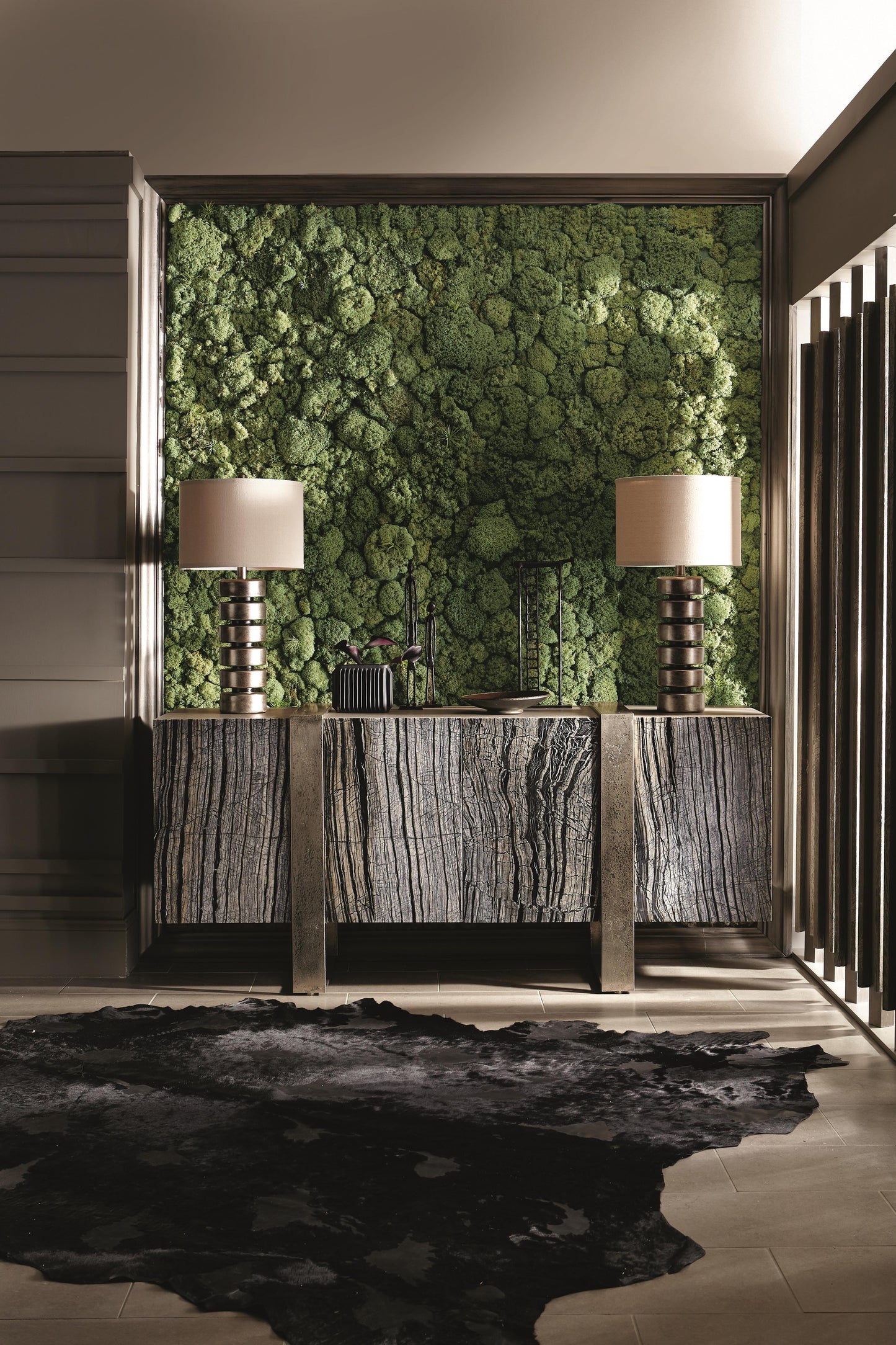 Linea Textured Graphite/Black Forest Marble/Cerused Greige Entertainment Credenza - Ornate Home