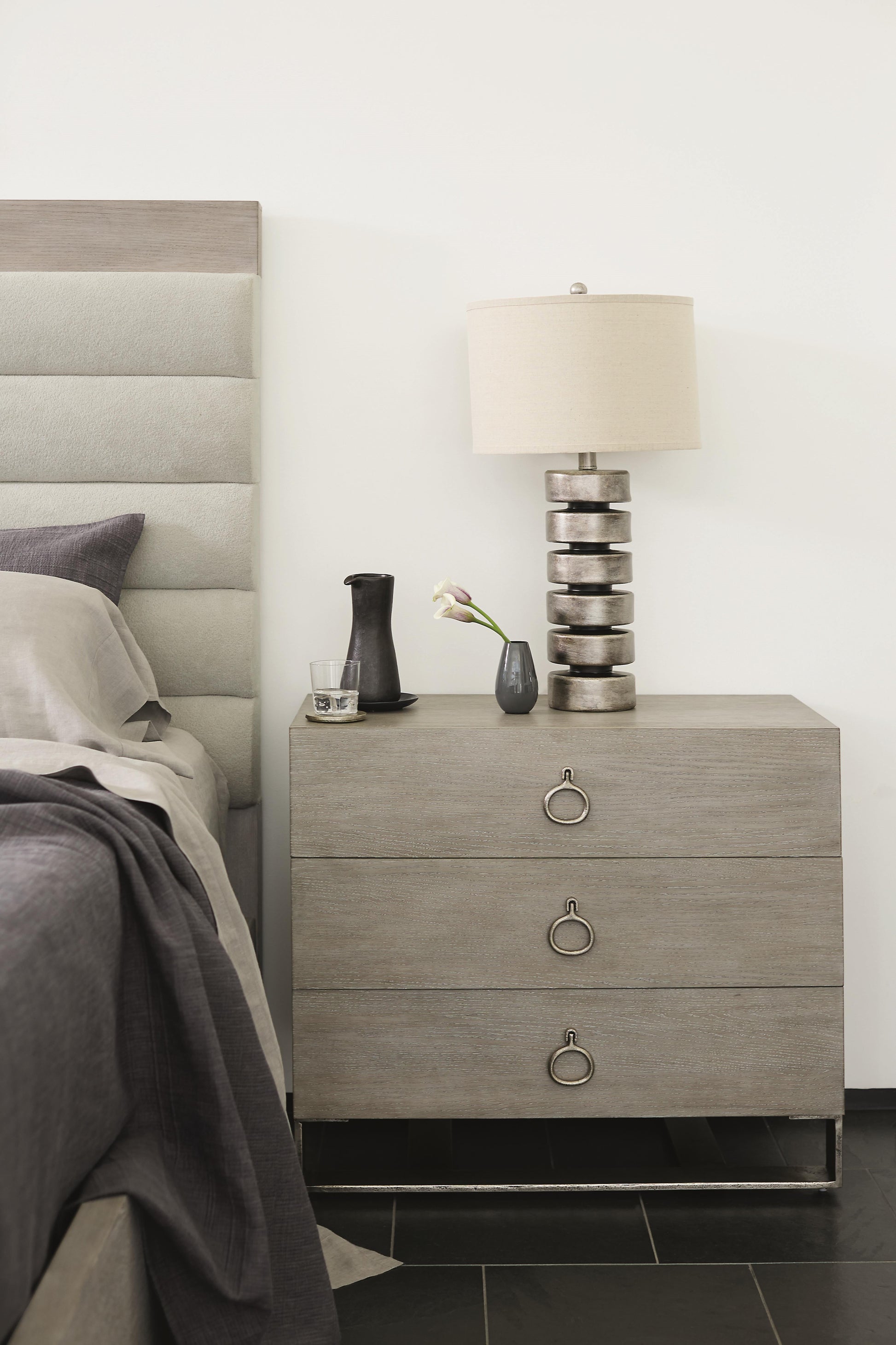 Linea Textured Graphite/Cerused Greige Ring Pull Nightstand - Ornate Home