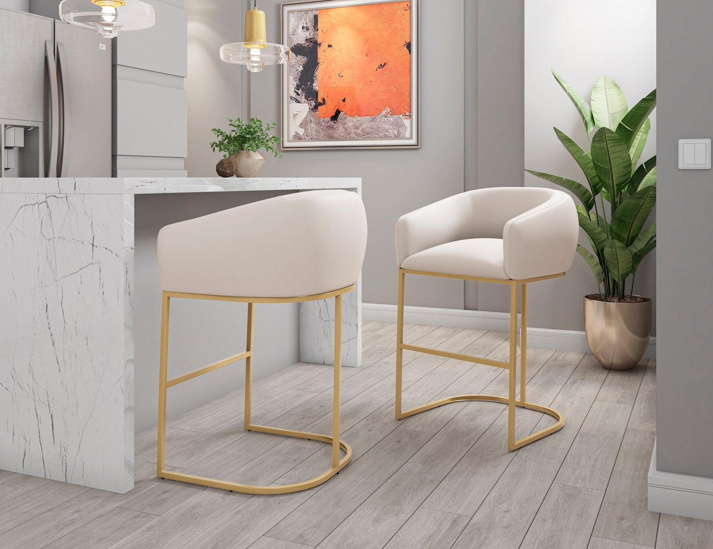 Louvre Barstool in Cream and Titanium Gold (set of 2) - Ornate Home