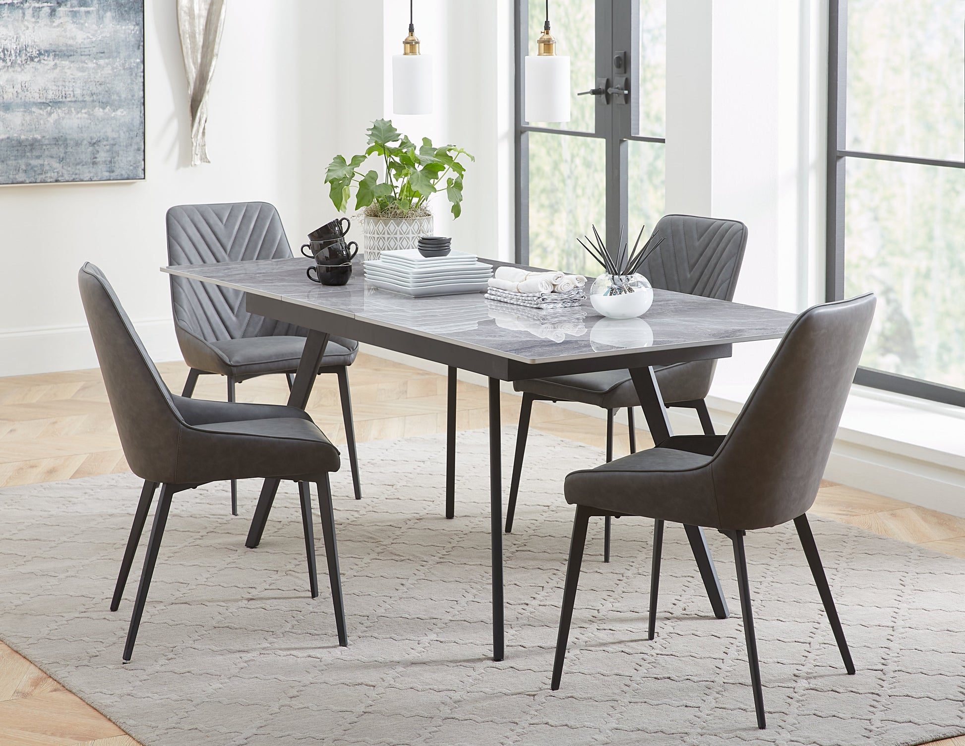 Lucia Upholstered Dining Chair in Charcoal Synthetic Leather and Black Metal (Set of 2) - Ornate Home