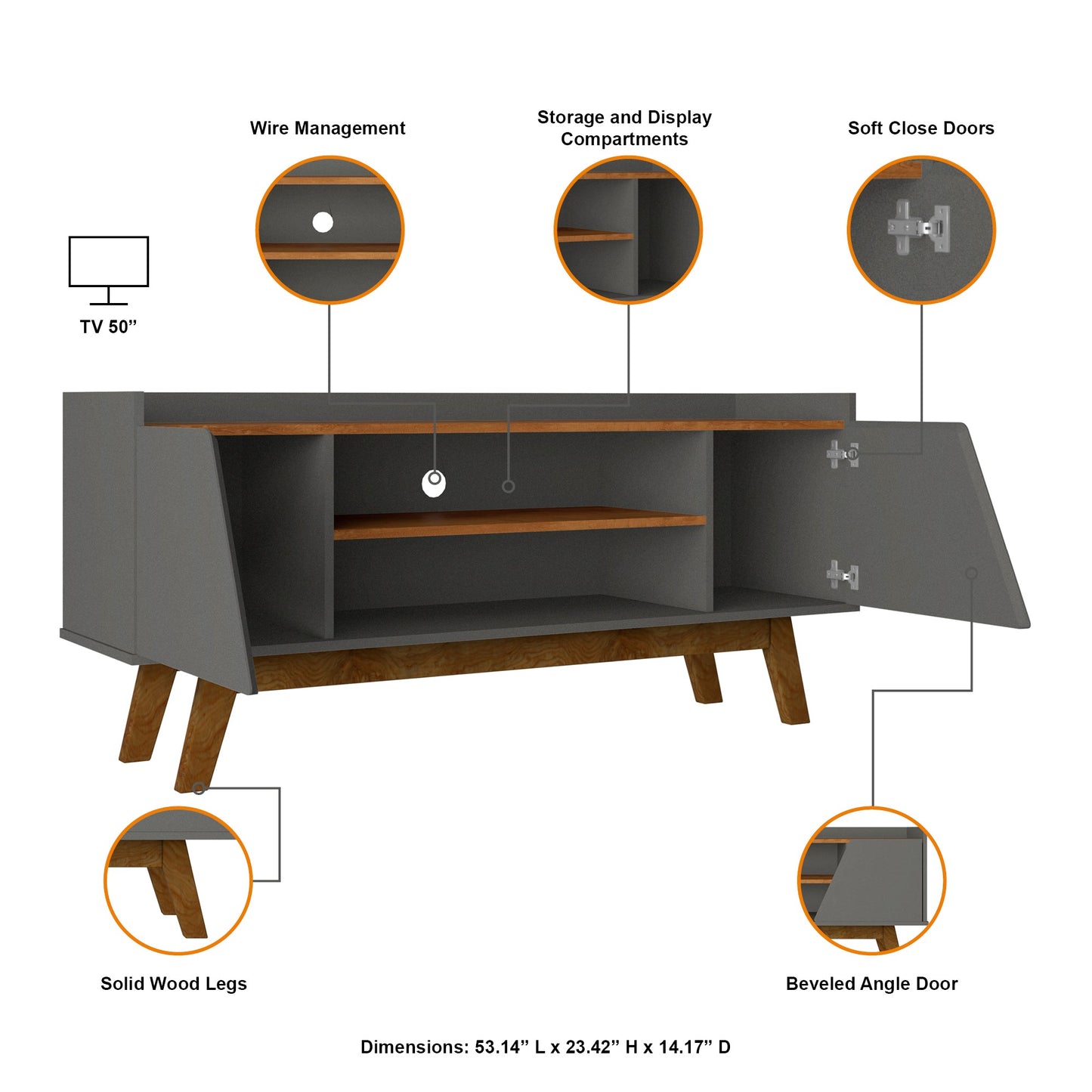 Marcus 53.14 TV Stand in Grey and Nature - Ornate Home