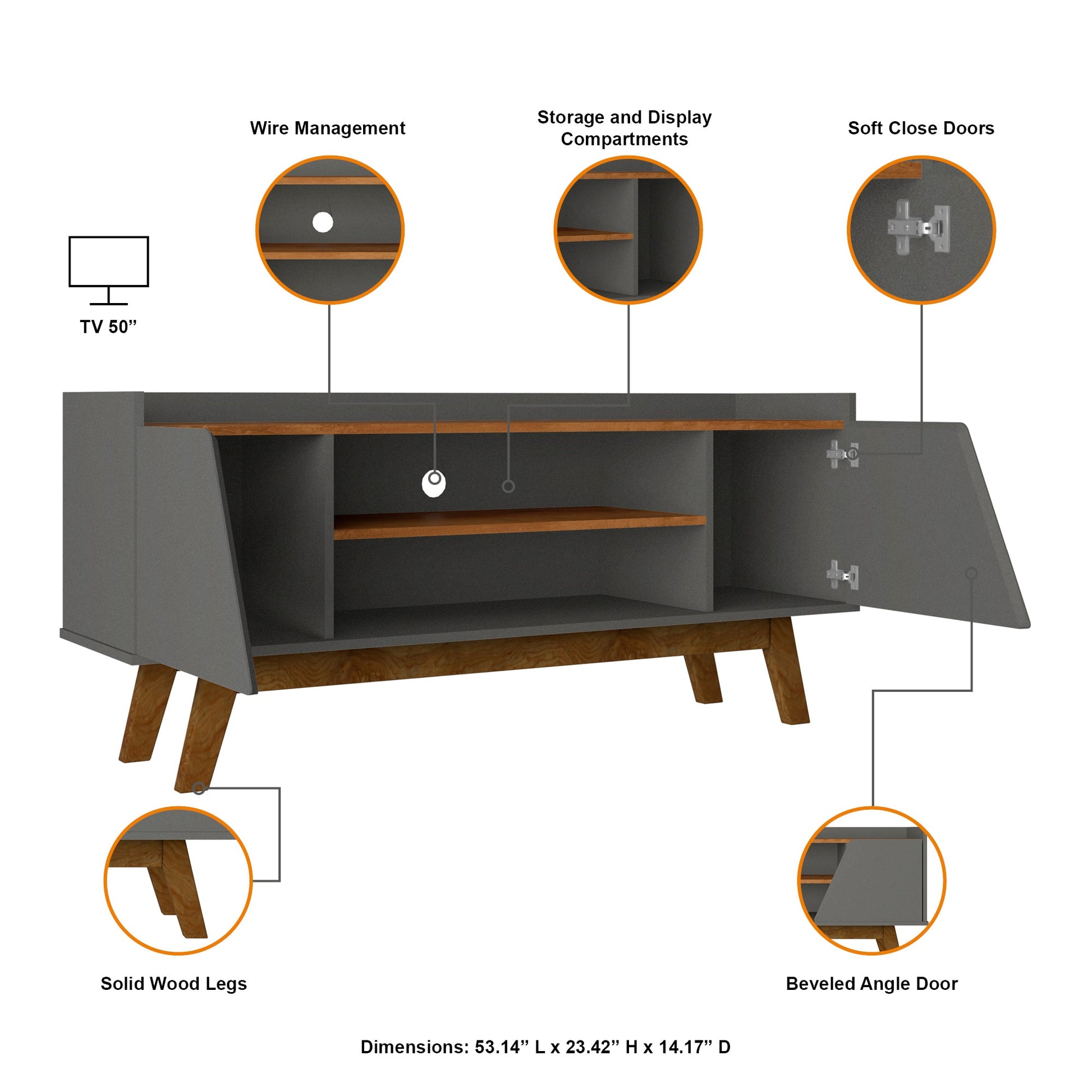 Marcus 53.14 TV Stand in Grey and Nature - Ornate Home