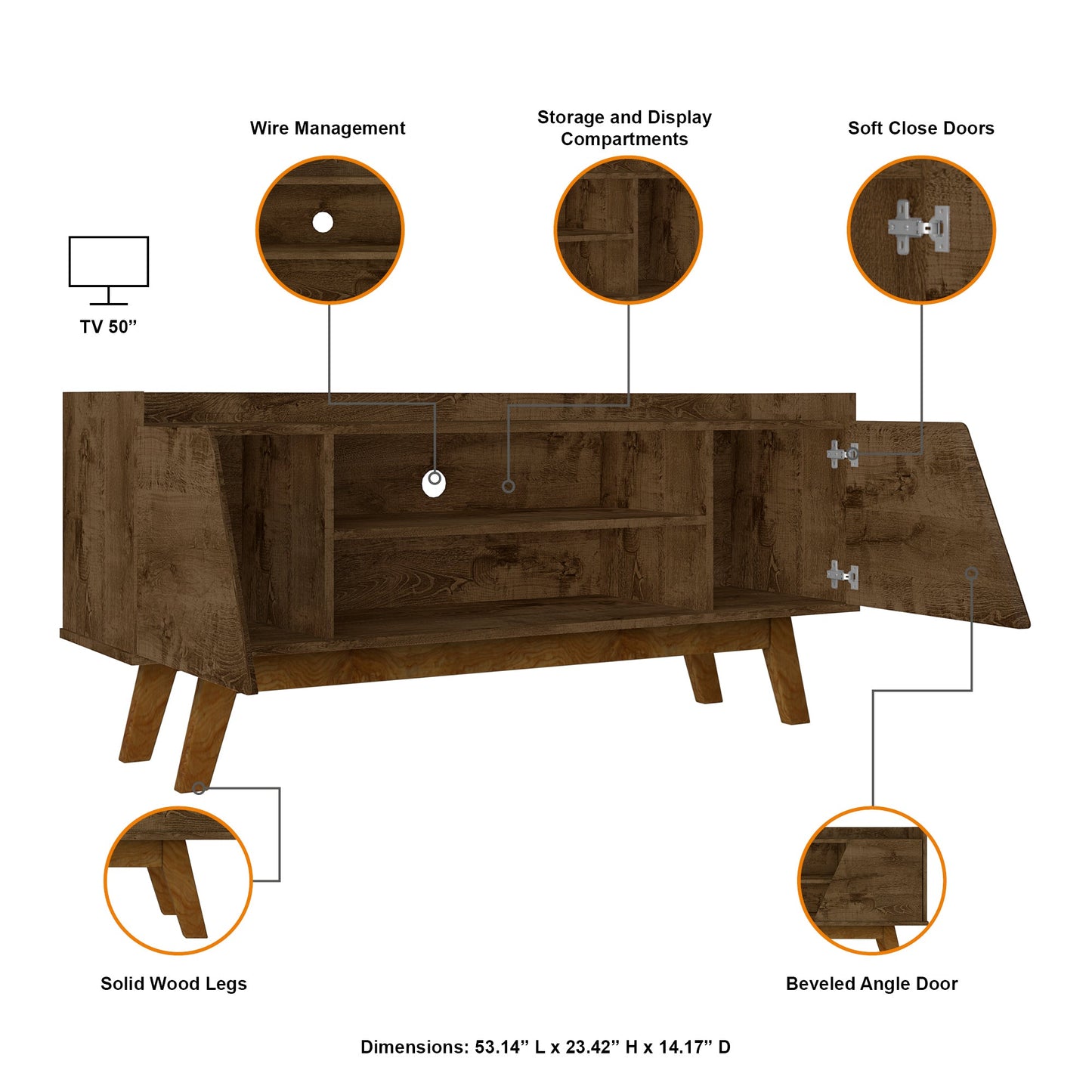 Marcus 53.14 TV Stand in Rustic Brown - Ornate Home