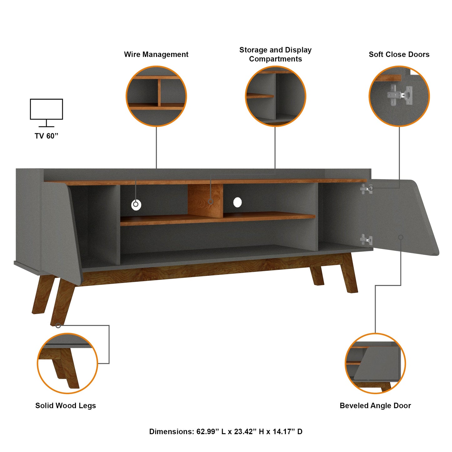 Marcus 62.99 TV Stand in Grey and Nature - Ornate Home