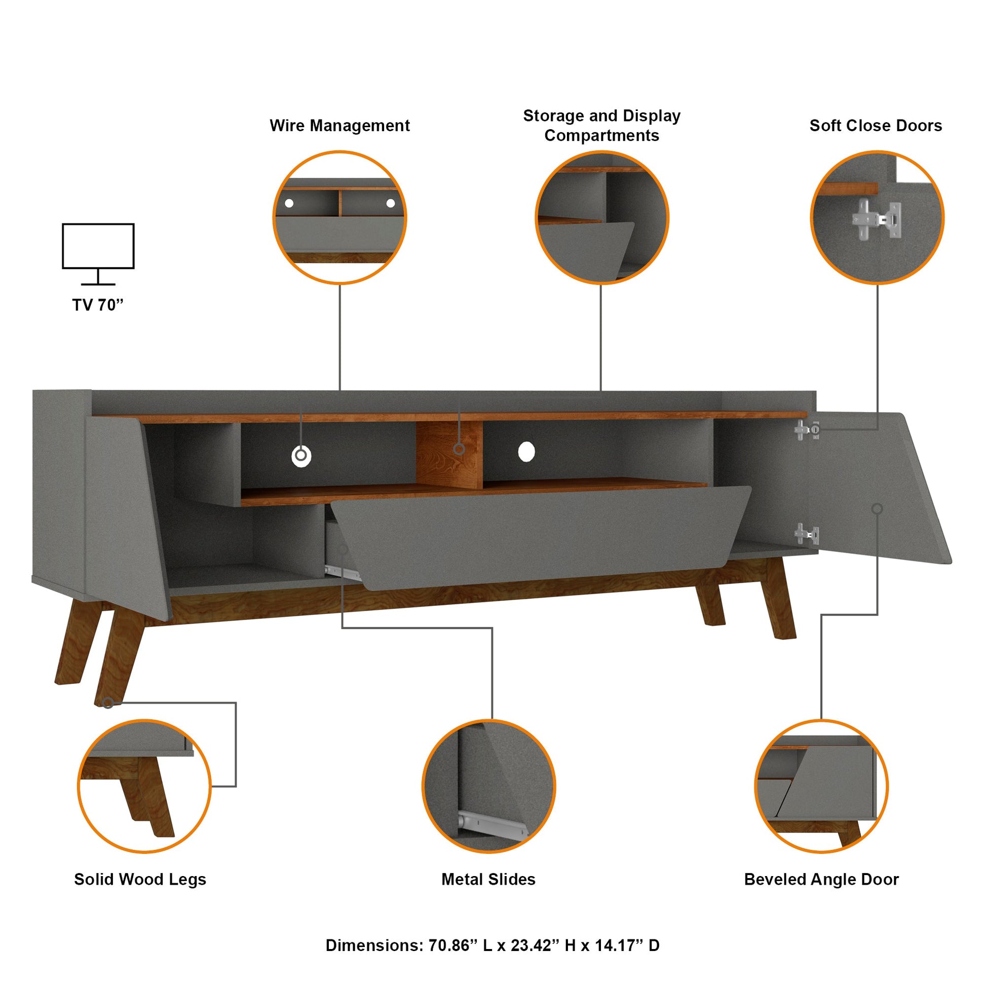 Marcus 70.86 TV Stand in Grey and Nature - Ornate Home