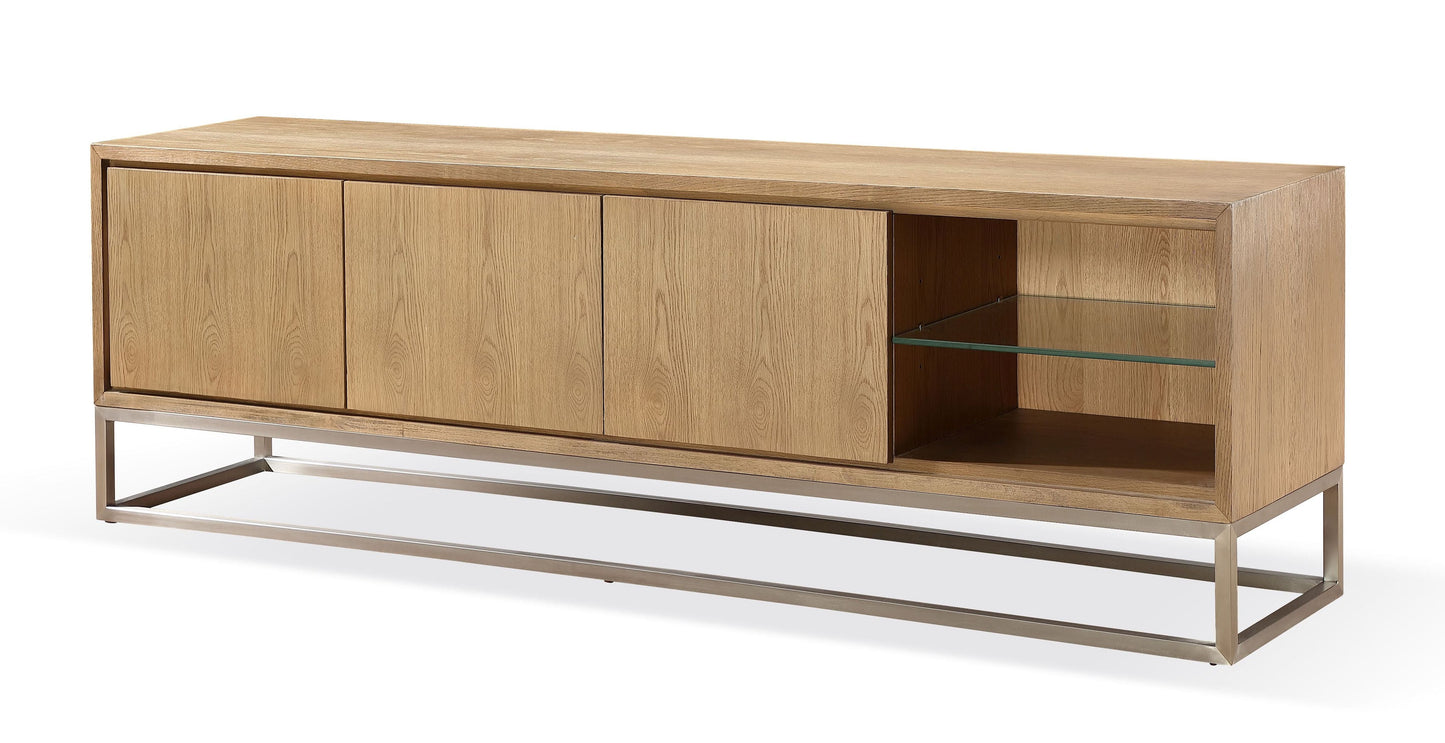 One Coastal Modern 84 inch TV Console in Brushed Stainless Steel and Bisque - Ornate Home
