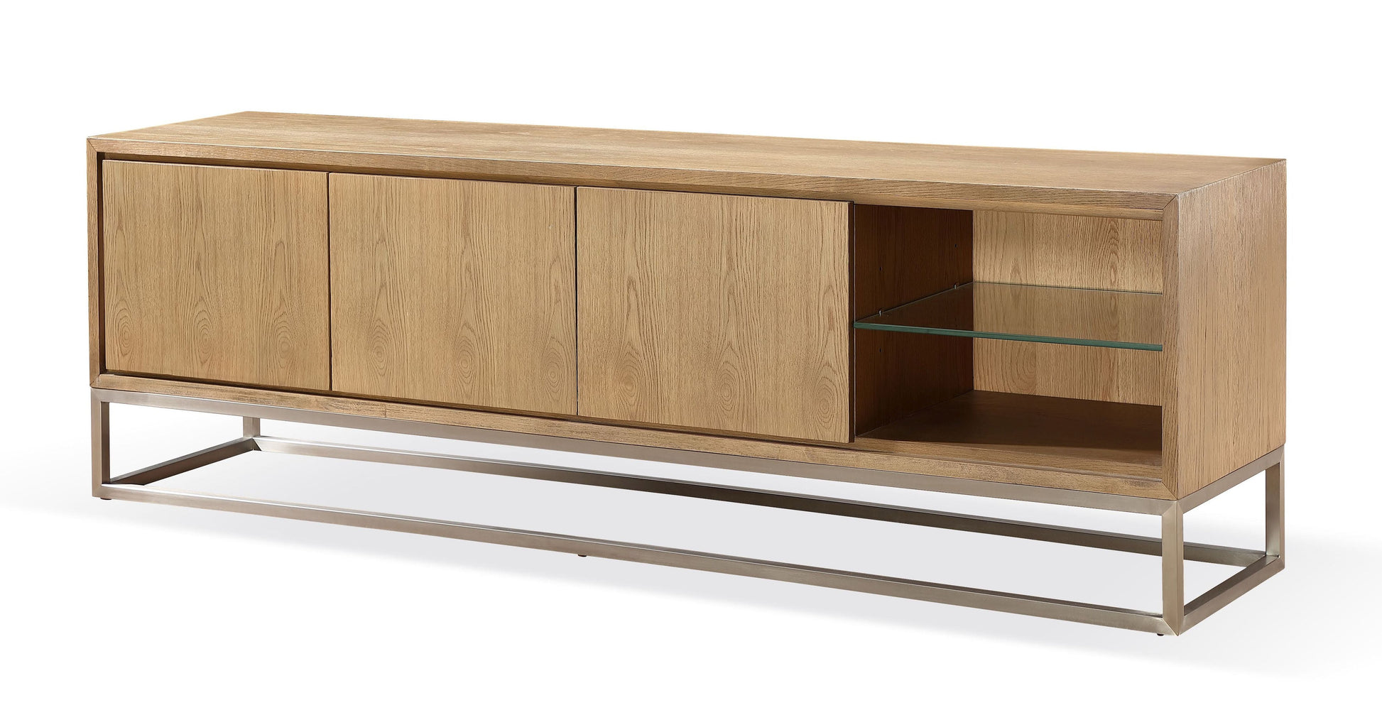 One Coastal Modern 84 inch TV Console in Brushed Stainless Steel and Bisque - Ornate Home
