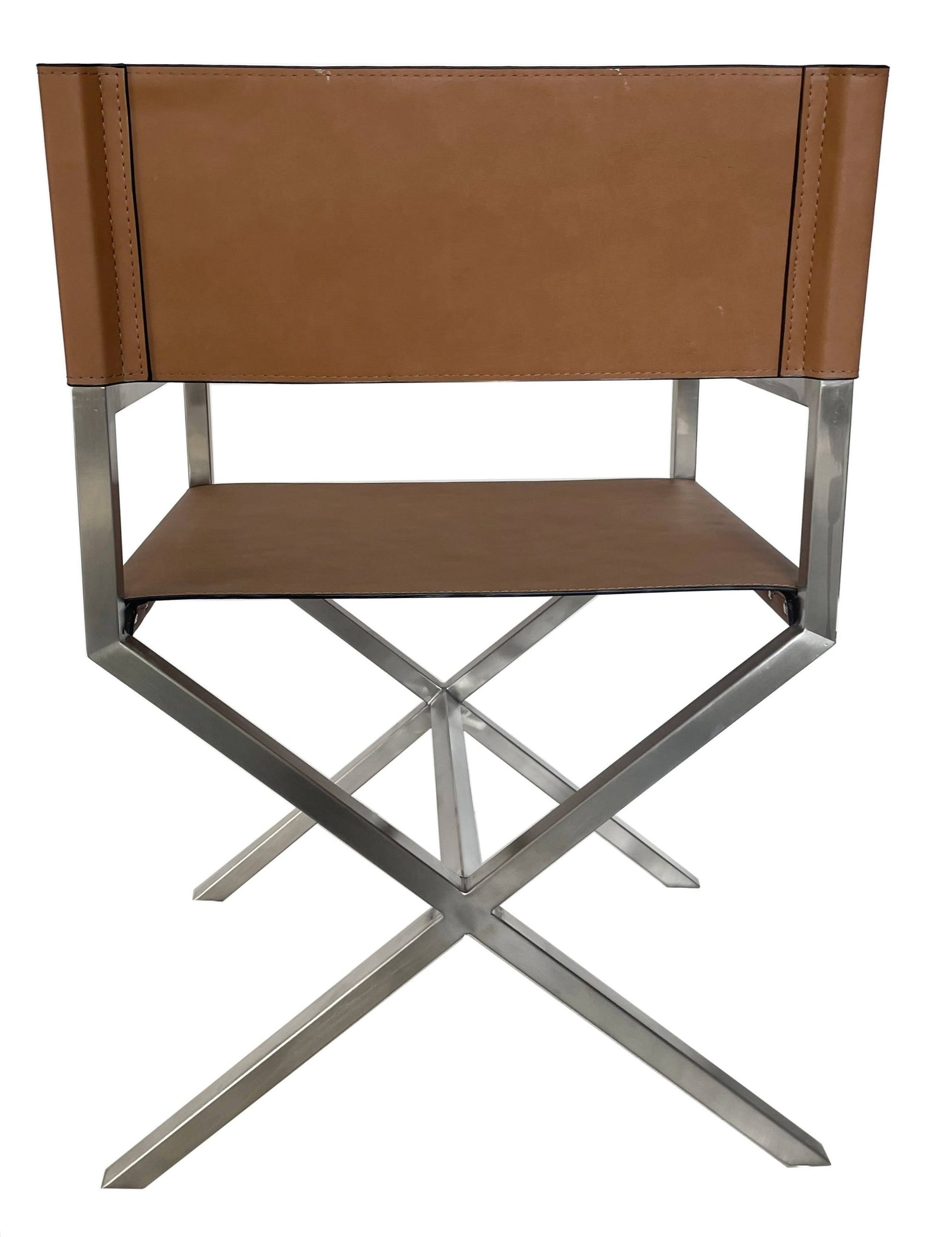 One Modern Coastal Director's Dining Arm Chair in Cognac and Brushed Stainless Steel (Set of 2) - Ornate Home