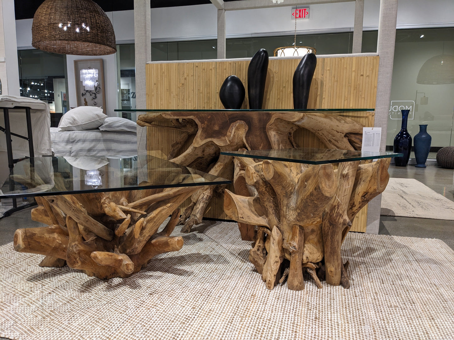 One Solid Teak Root Glass Top Console Table - Ornate Home