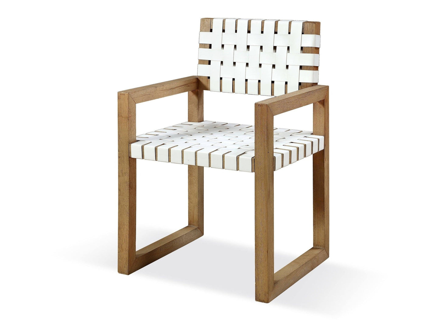 One Woven Leather and Solid Wood Dining Arm Chair in White and Bisque - Ornate Home