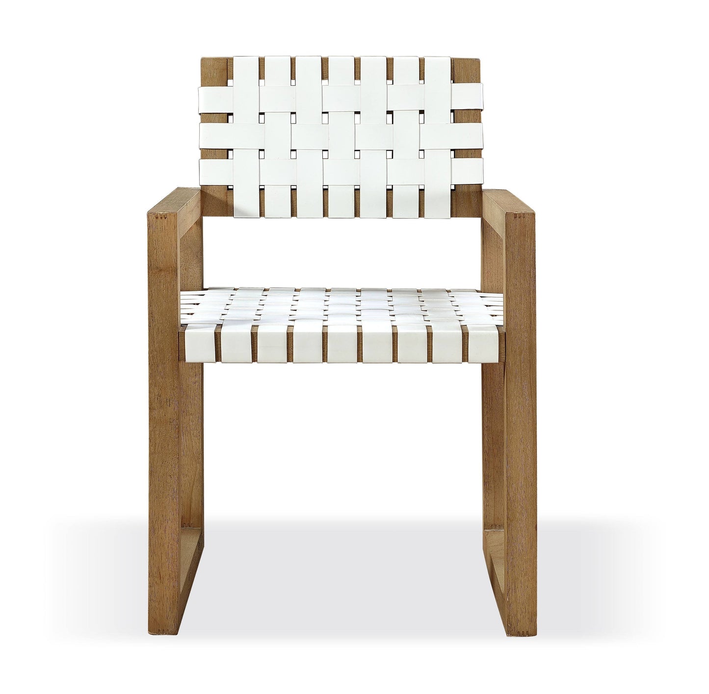 One Woven Leather and Solid Wood Dining Arm Chair in White and Bisque - Ornate Home