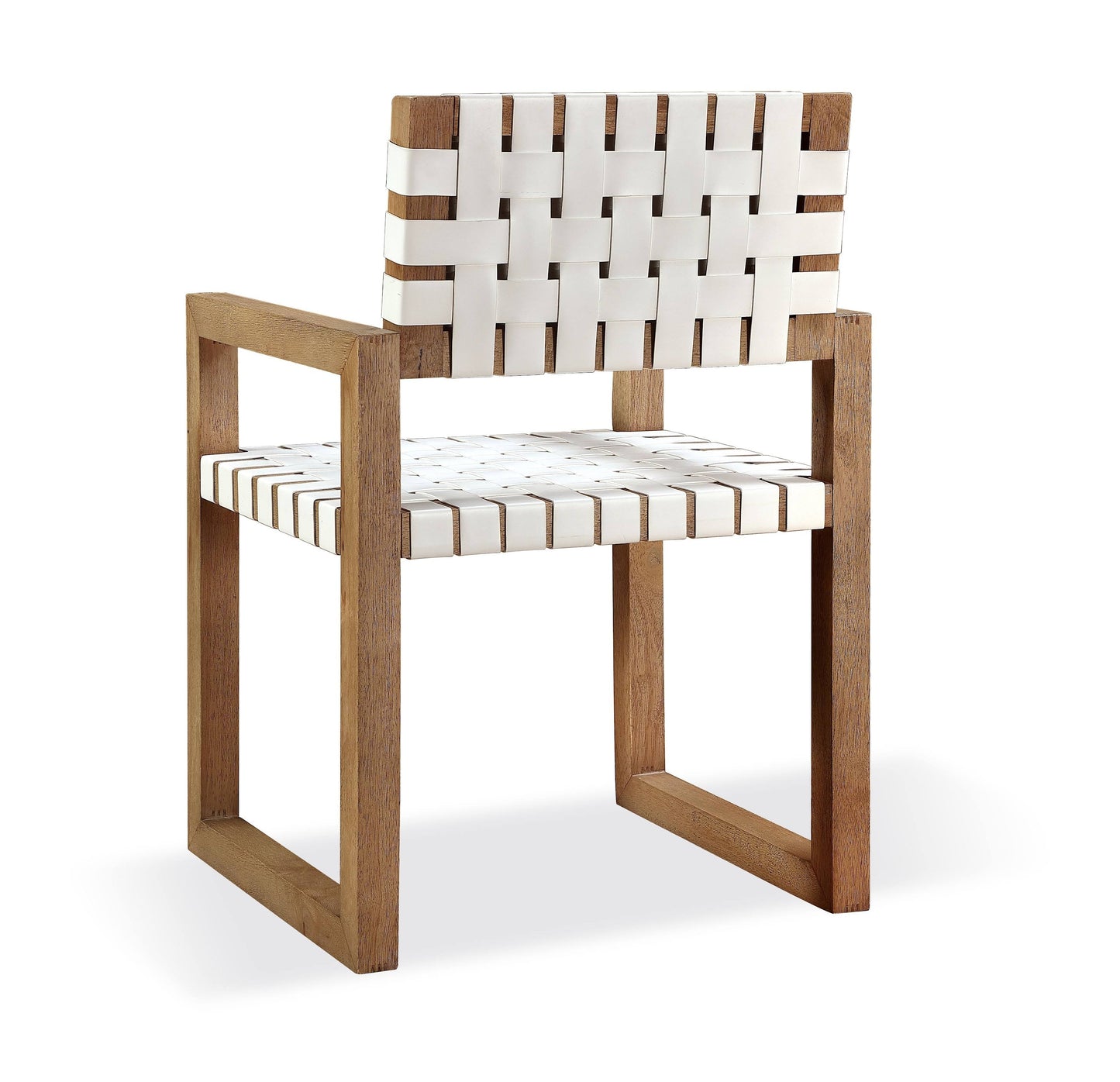 One Woven Leather and Solid Wood Dining Arm Chair in White and Bisque (Set of 2) - Ornate Home