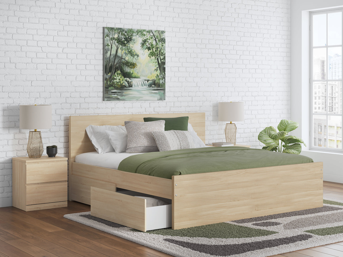 Onita Natural Queen Panel Platform Bed with 1 Side Storage- Viva Furn