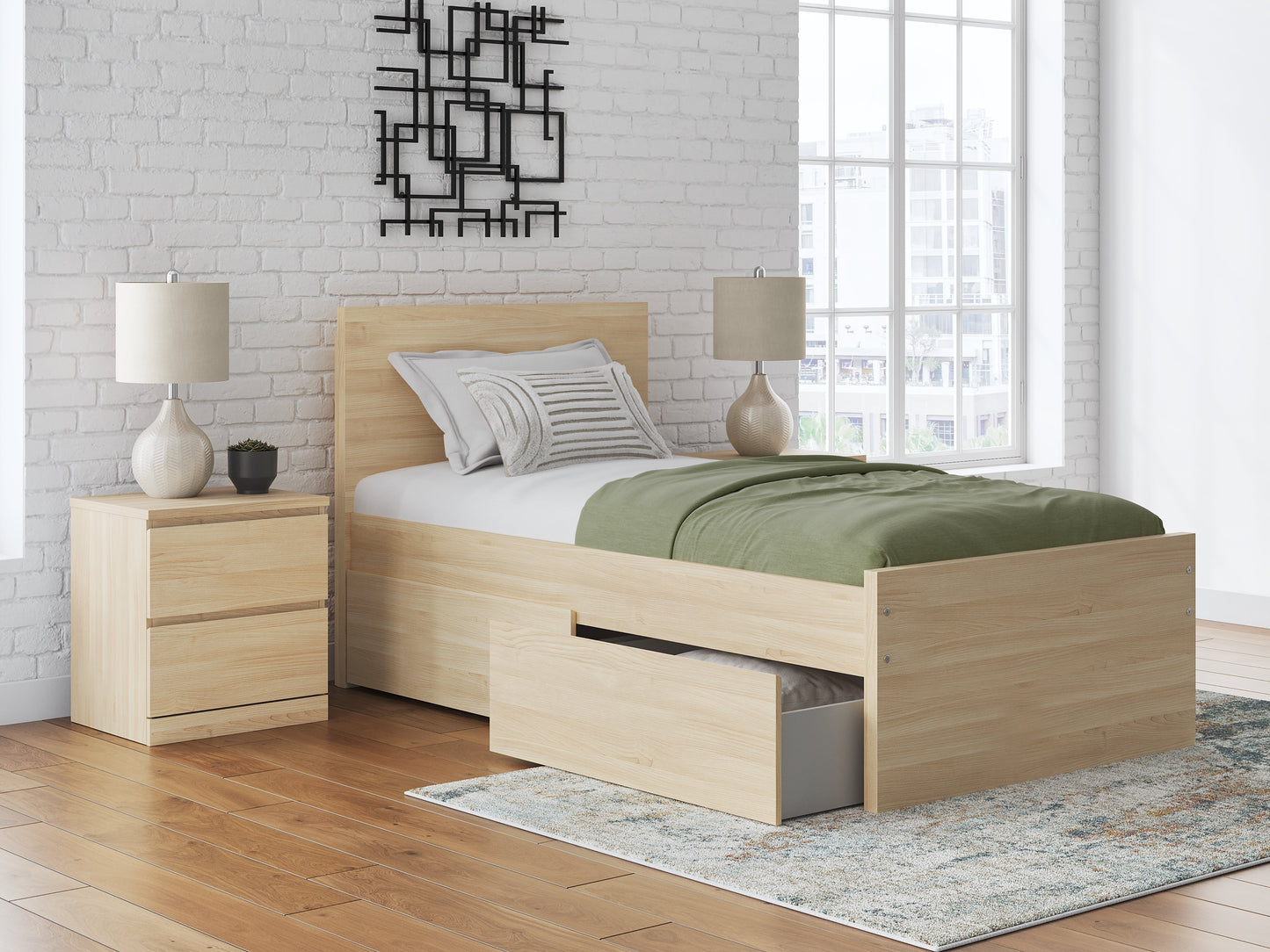 Onita Natural Twin Panel Platform Bed with 1 Side Storage- Viva Furn