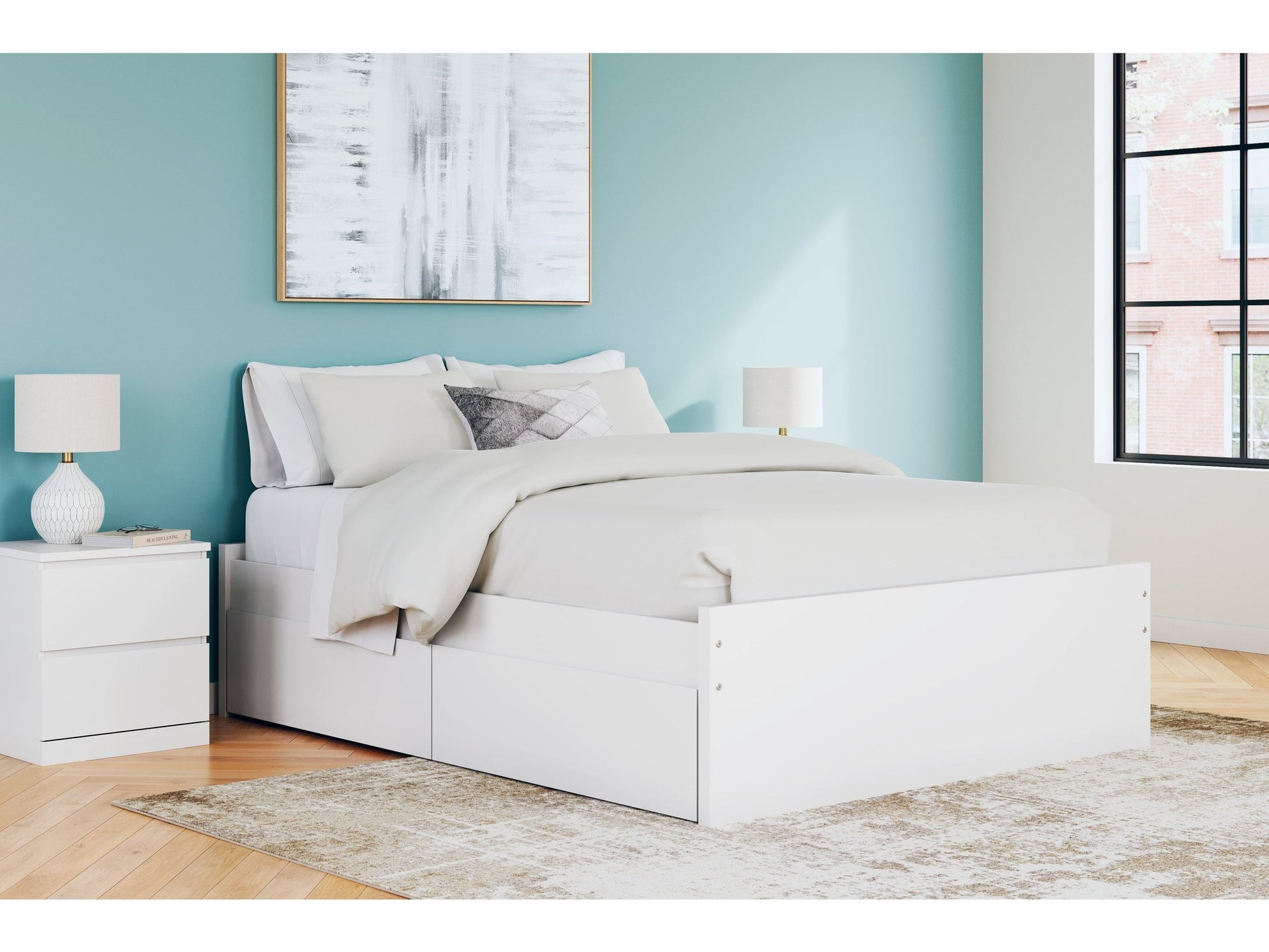 Onita White Queen Platform Bed with 1 Side Storage- Viva Furn