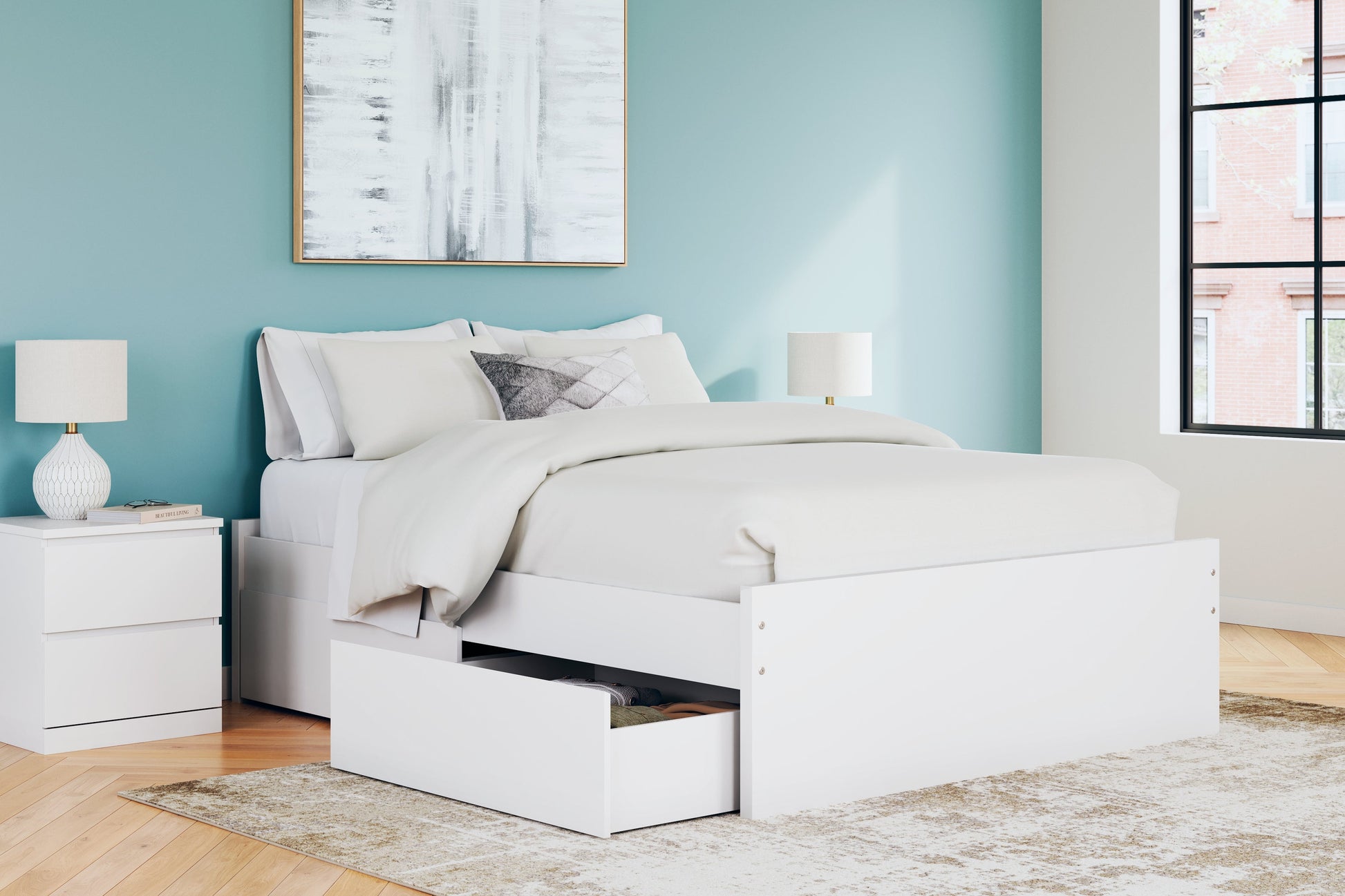 Onita White Queen Platform Bed with 1 Side Storage- Viva Furn