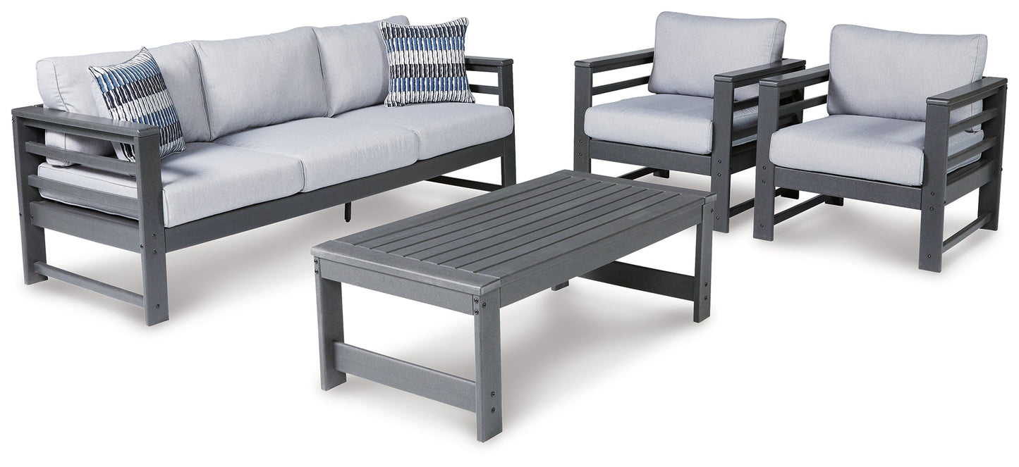 Amora Charcoal Outdoor Sofa, 2 Lounge Chairs and Coffee Table