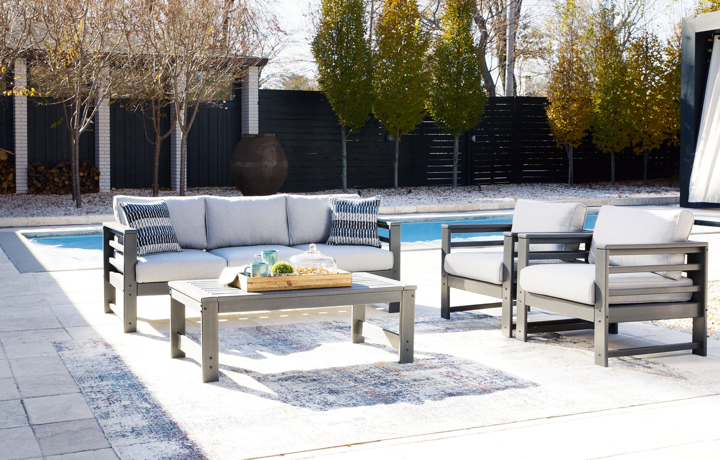 Amora Charcoal Outdoor Sofa, 2 Lounge Chairs and Coffee Table