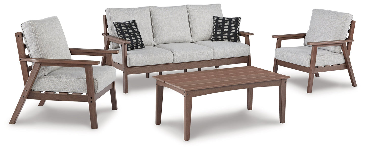 Emmeline Brown Outdoor Sofa, 2 Lounge Chairs and Coffee Table