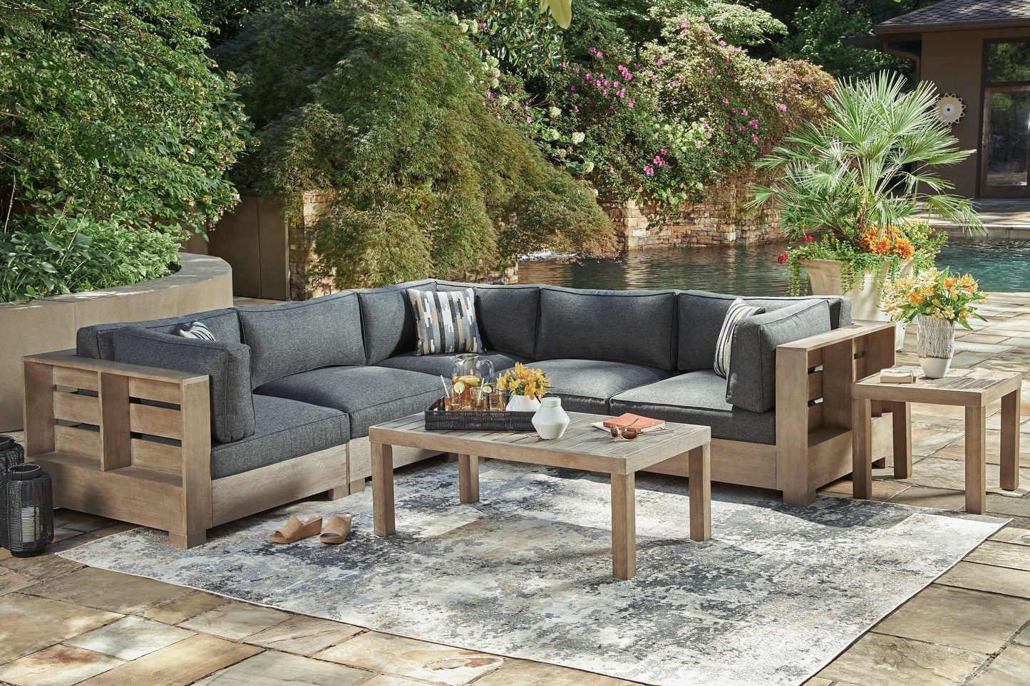 Citrine Park Brown & Charcoal Outdoor 7pc Set (Sectional & Coffee/End Table)