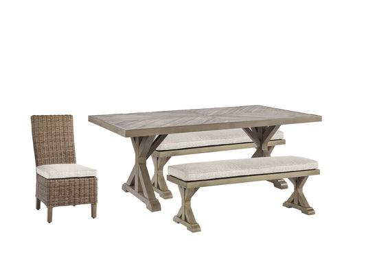 Beachcroft Beige Outdoor Dining Table with 4 Chairs and Bench