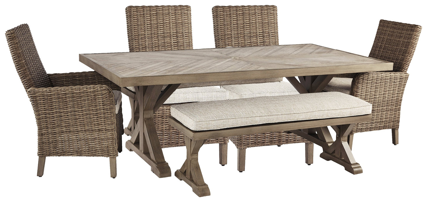 Beachcroft Beige Outdoor Dining Table with 4 Chairs and Bench