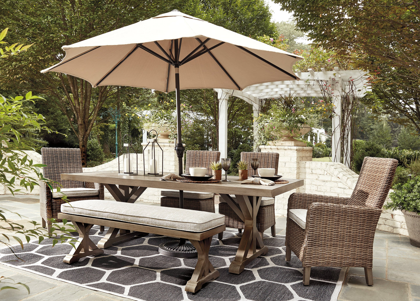 Beachcroft Beige Outdoor Dining Table with 4 Chairs and Bench