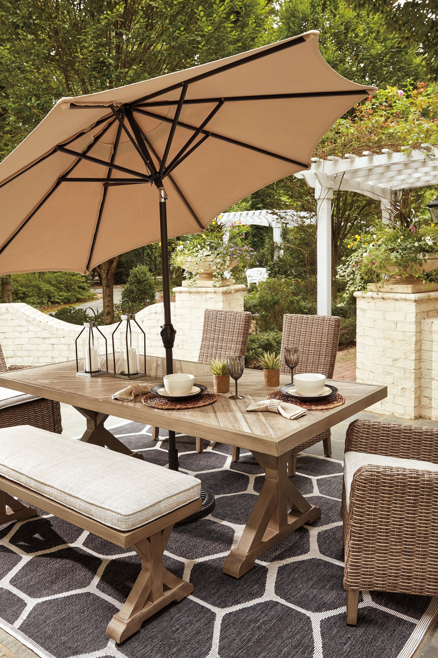 Beachcroft Beige Outdoor Dining Table with 4 Chairs and Bench