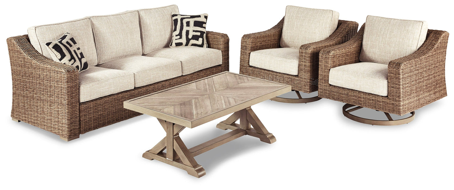 Beachcroft Beige Outdoor Sofa with Coffee Table and 2 End Tables