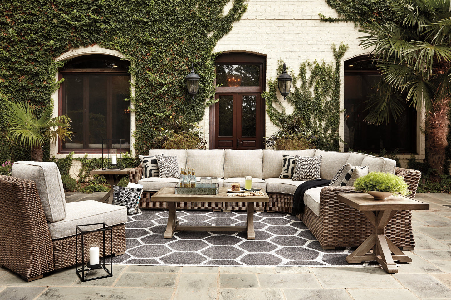 Beachcroft Beige 5-Piece Outdoor Sectional with Coffee Table and 2 End Tables