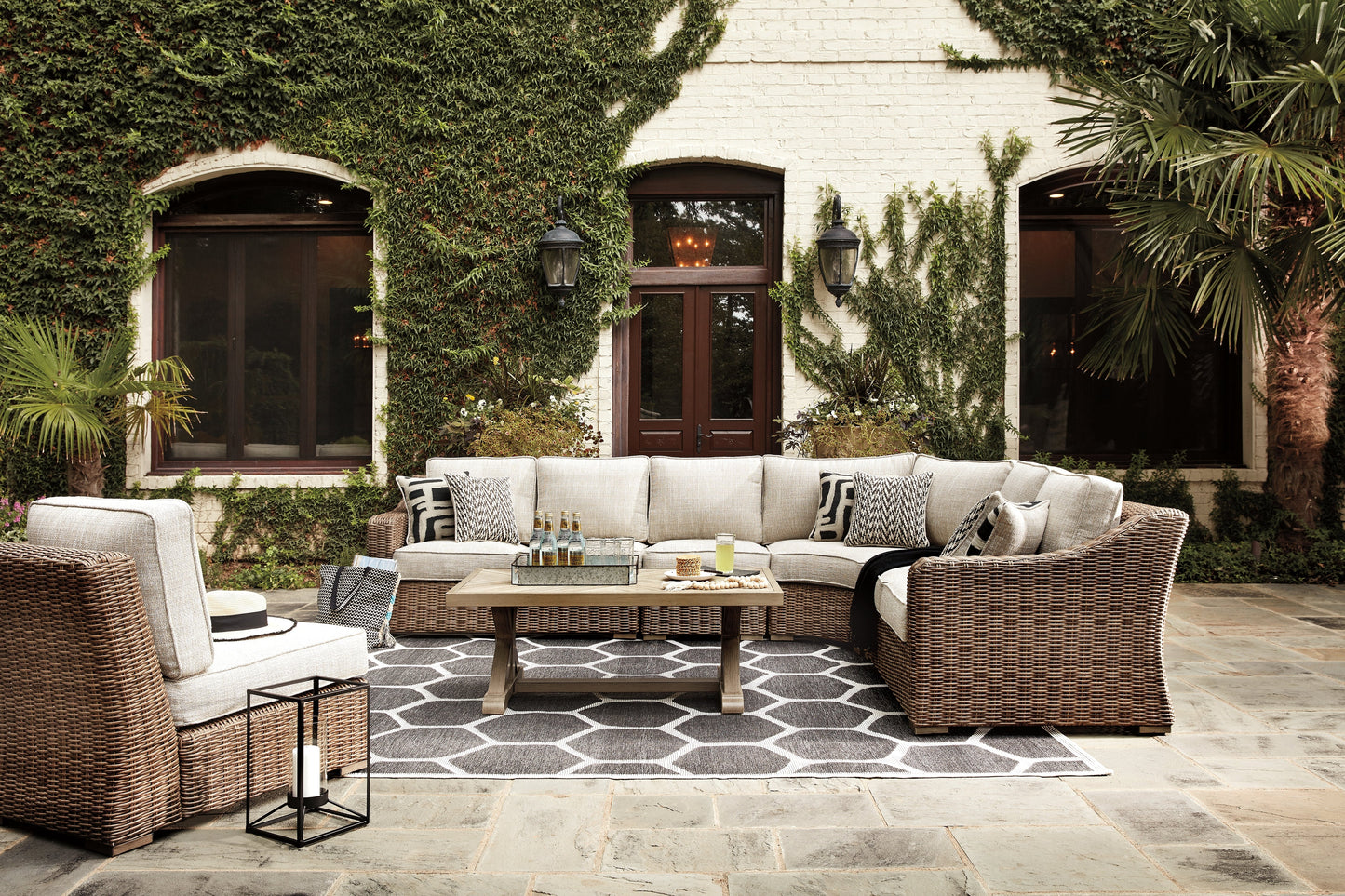 Beachcroft Beige 3-Piece Outdoor Sectional with Coffee Table and 2 End Tables