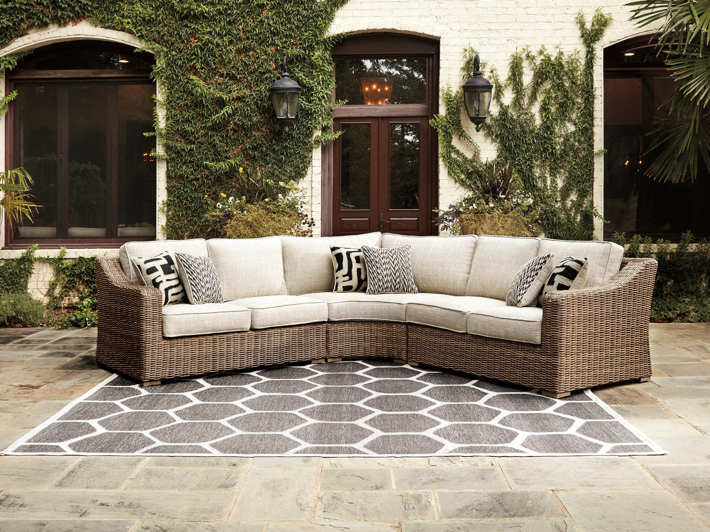 Beachcroft Beige 3-Piece Outdoor Sectional with Coffee Table and 2 End Tables