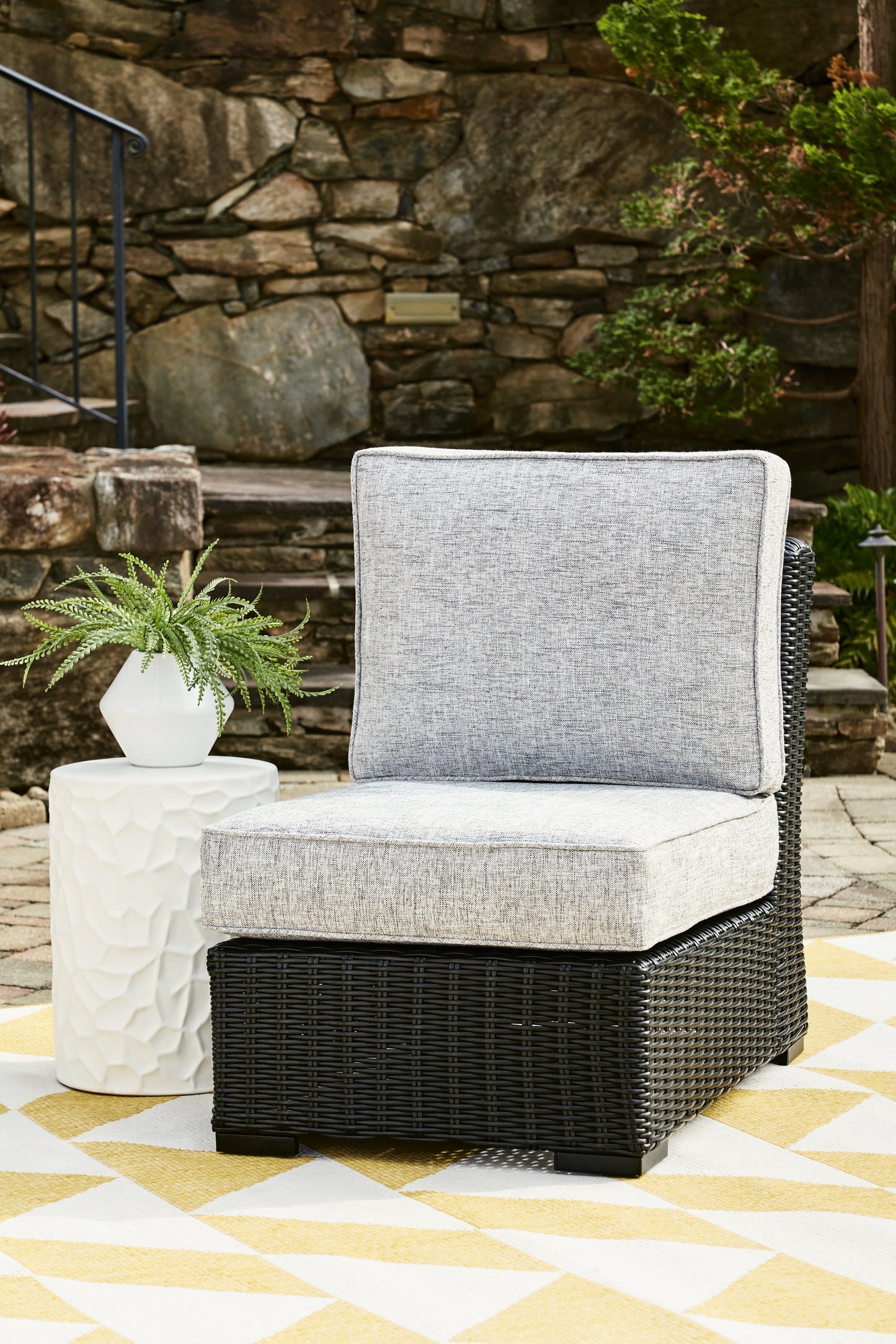 Beachcroft Black/Light Gray Outdoor Armless Chair with Cushion - Ornate Home