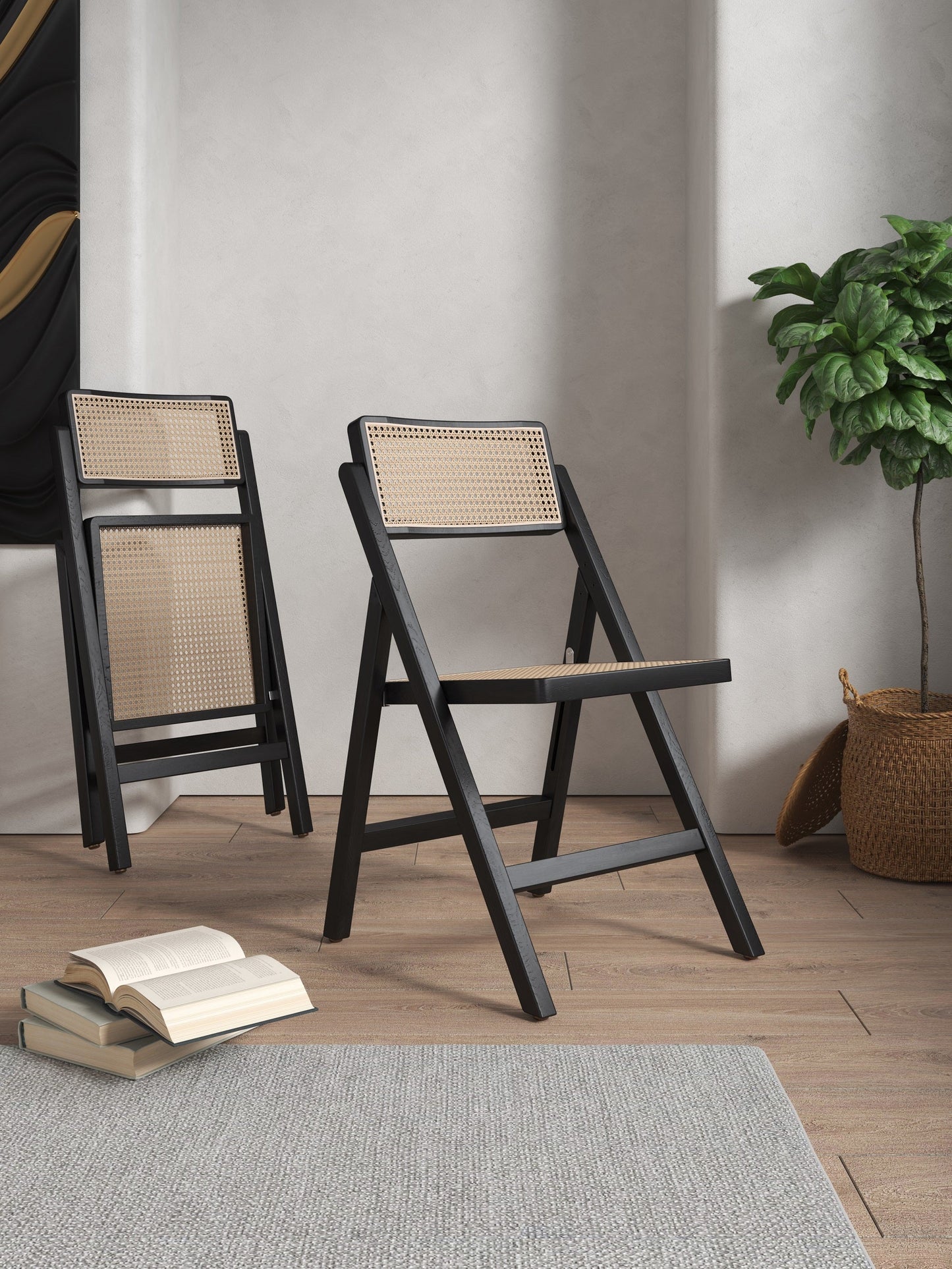 Pullman Folding Dining Chair in Black and Natural Cane (set of 4) - Ornate Home