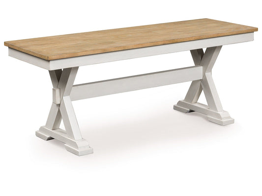 Purlaney Antique White/Natural Large Dining Room Bench- Viva Furn
