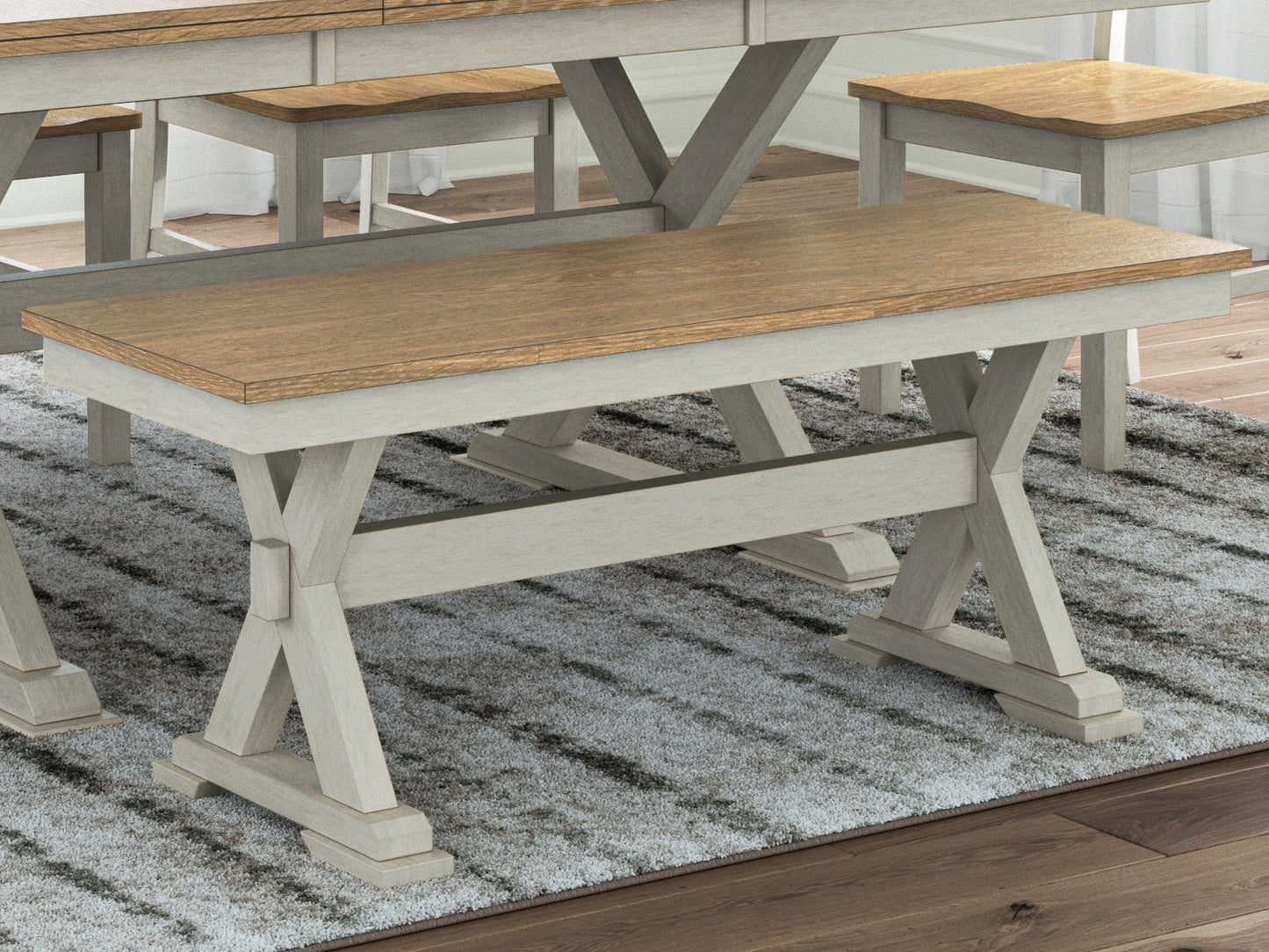 Purlaney Antique White/Natural Large Dining Room Bench- Viva Furn