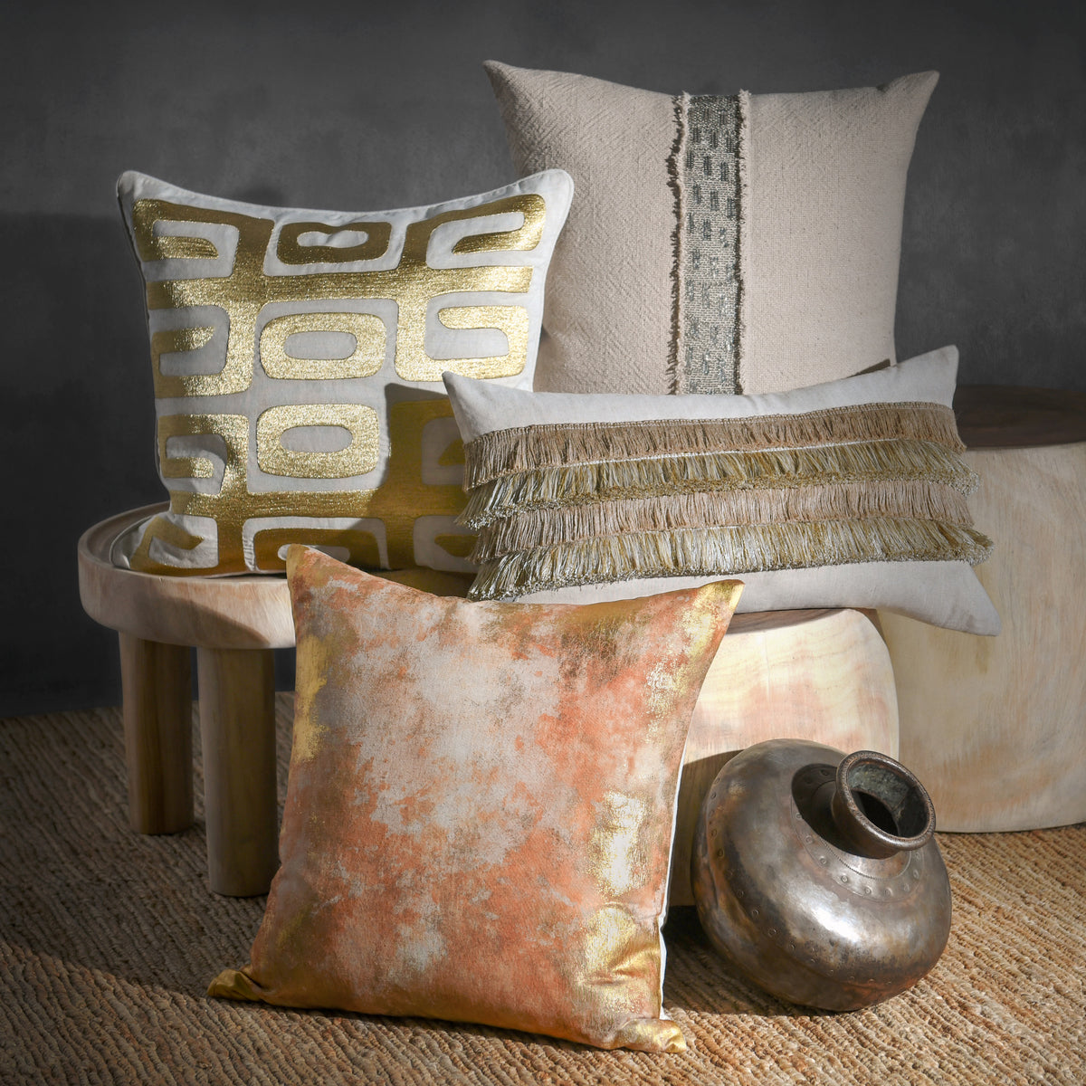 RO Zelo Tan/Silver 22x22 Throw Pillow (Set of 2) - Ornate Home